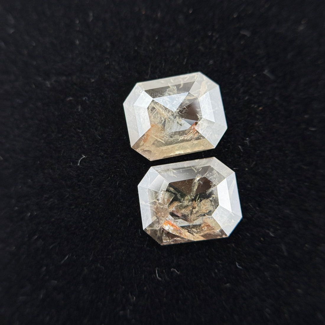 1.74 Ct Emerald Rose Cut Grey Natural Galaxy Salt and Pepper Diamond Pair