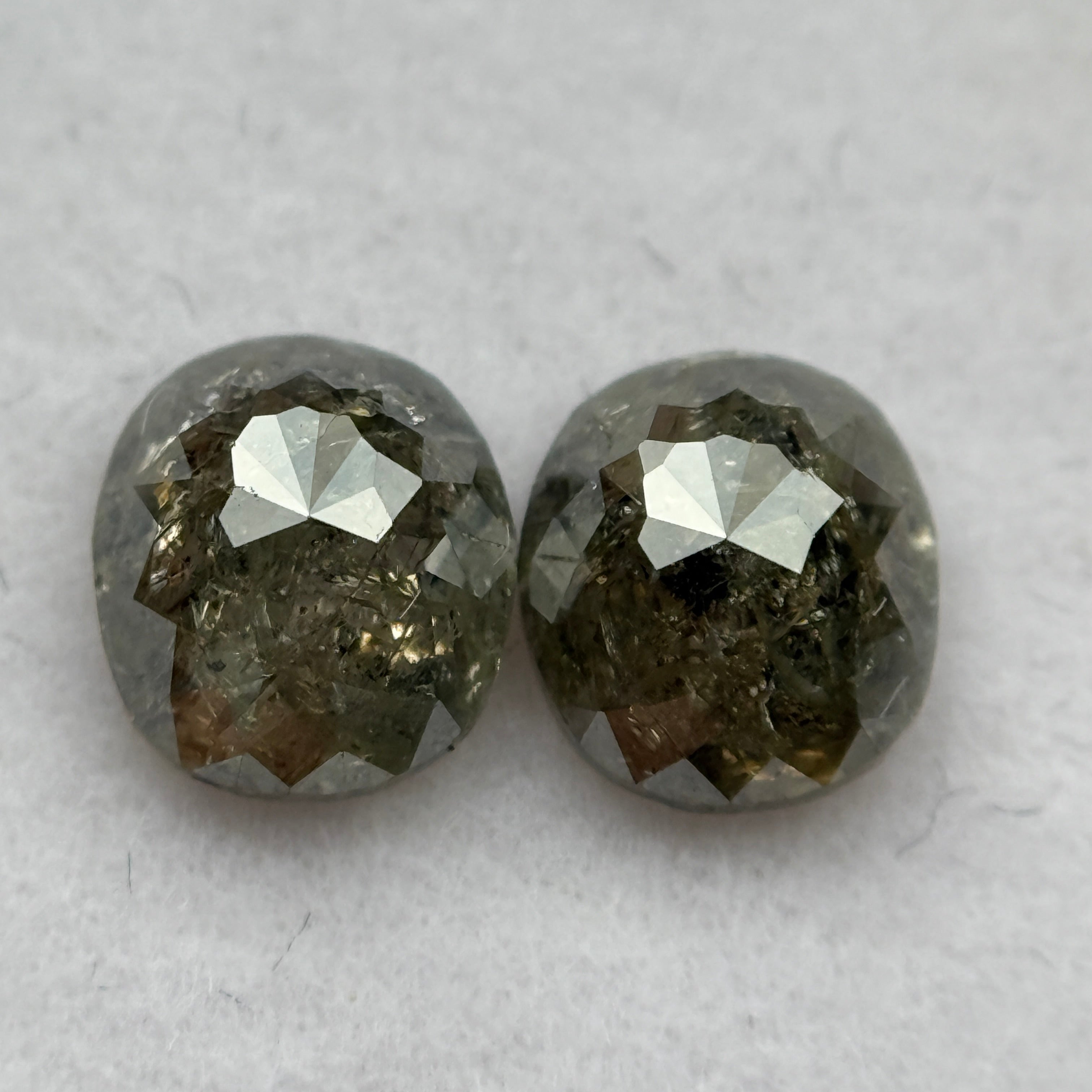 1.92 Ct Oval Rose Cut Greenish Grey Natural Salt and Pepper Diamond Pair