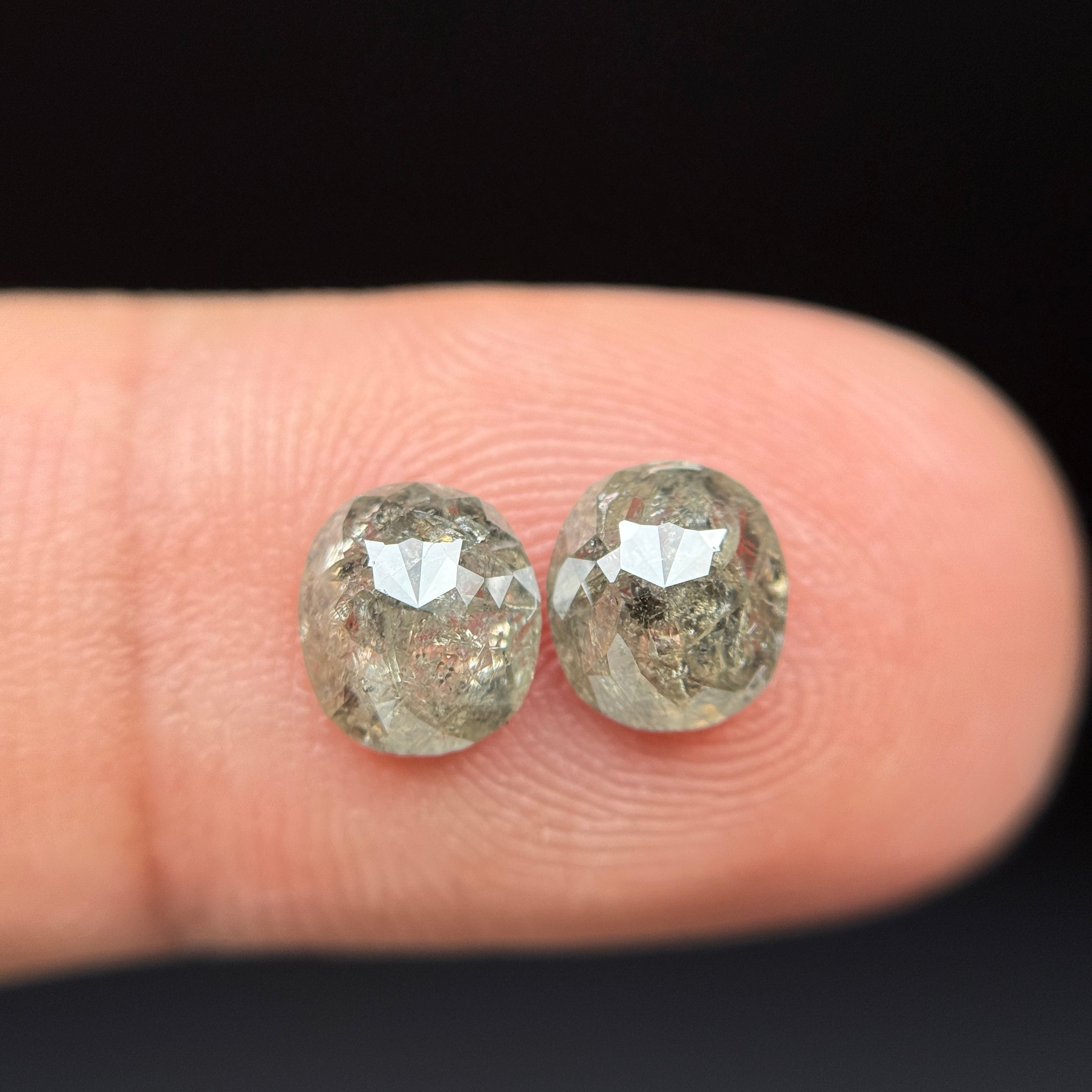 1.92 Ct Oval Rose Cut Greenish Grey Natural Salt and Pepper Diamond Pair