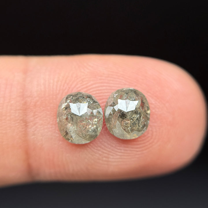 1.92 Ct Oval Rose Cut Greenish Grey Natural Salt and Pepper Diamond Pair