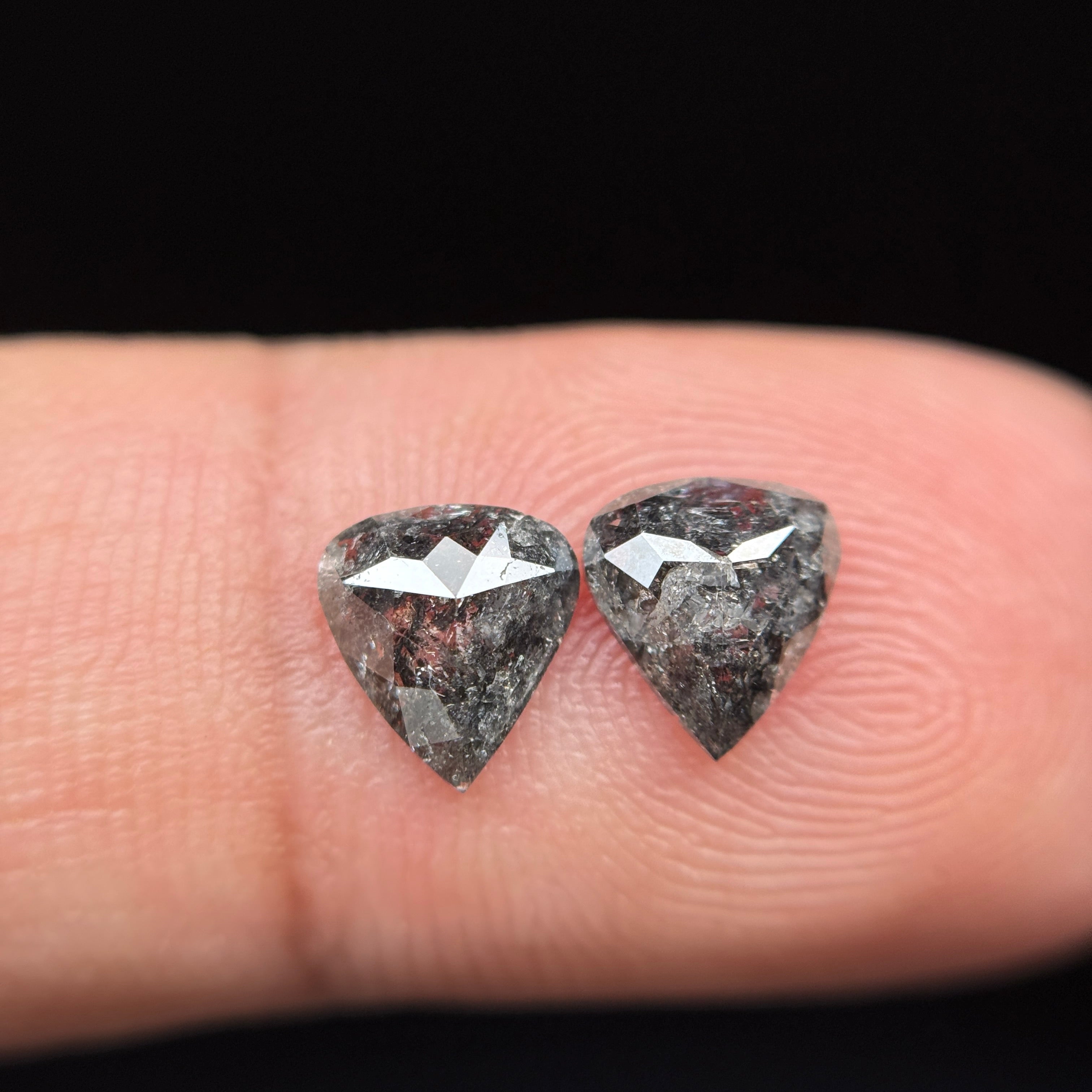 1.41 Ct Pear Rose Cut Grey Natural Galaxy Salt and Pepper Diamond Pair