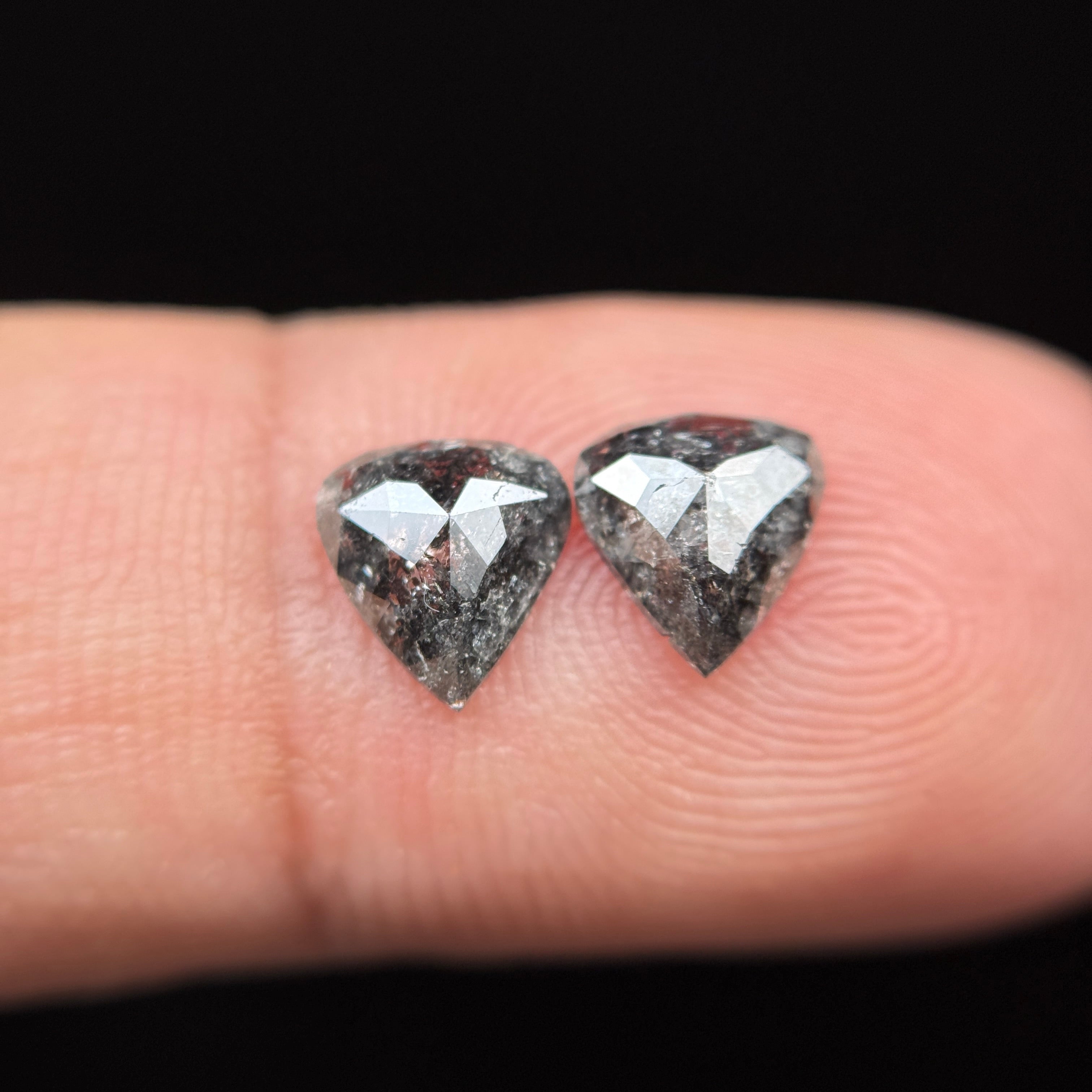 1.41 Ct Pear Rose Cut Grey Natural Galaxy Salt and Pepper Diamond Pair