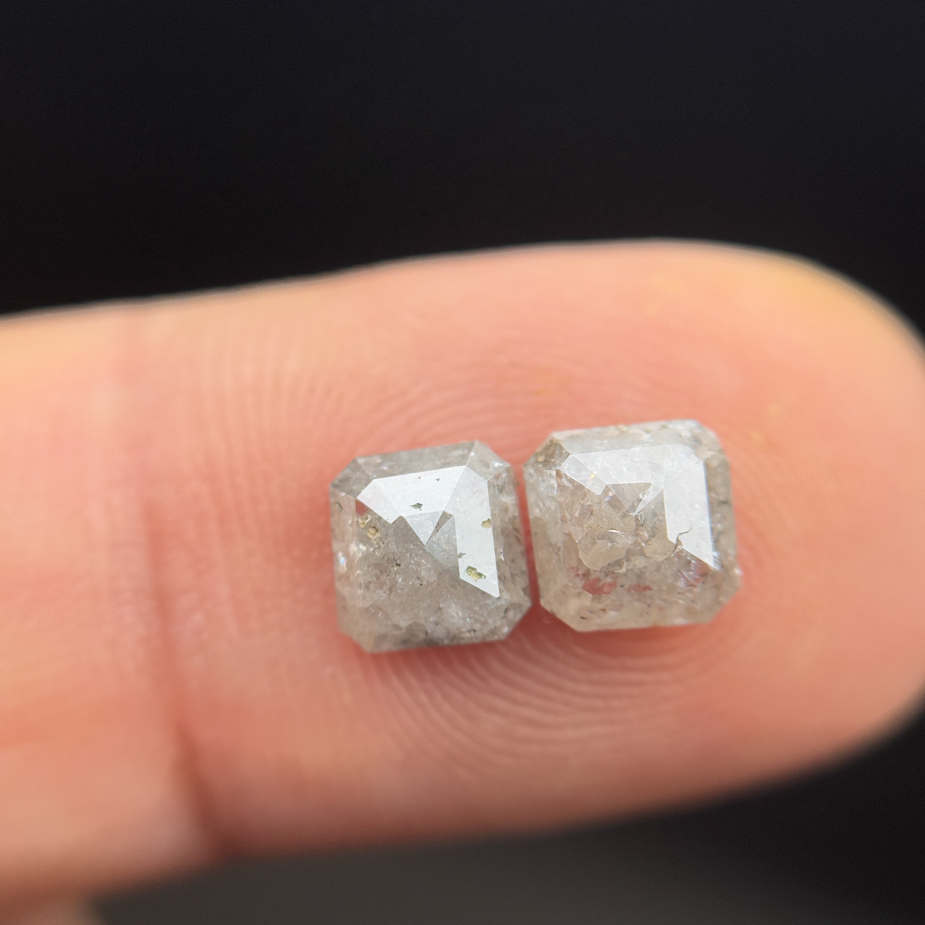 1.70 Ct Emerald Rose Cut Grey Natural Galaxy Diamond Pair