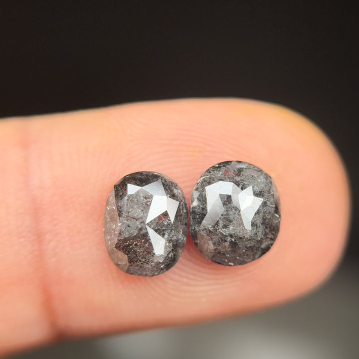 2.67 Ct Oval Rose Cut Grey Natural Salt and Pepper Diamond Pair