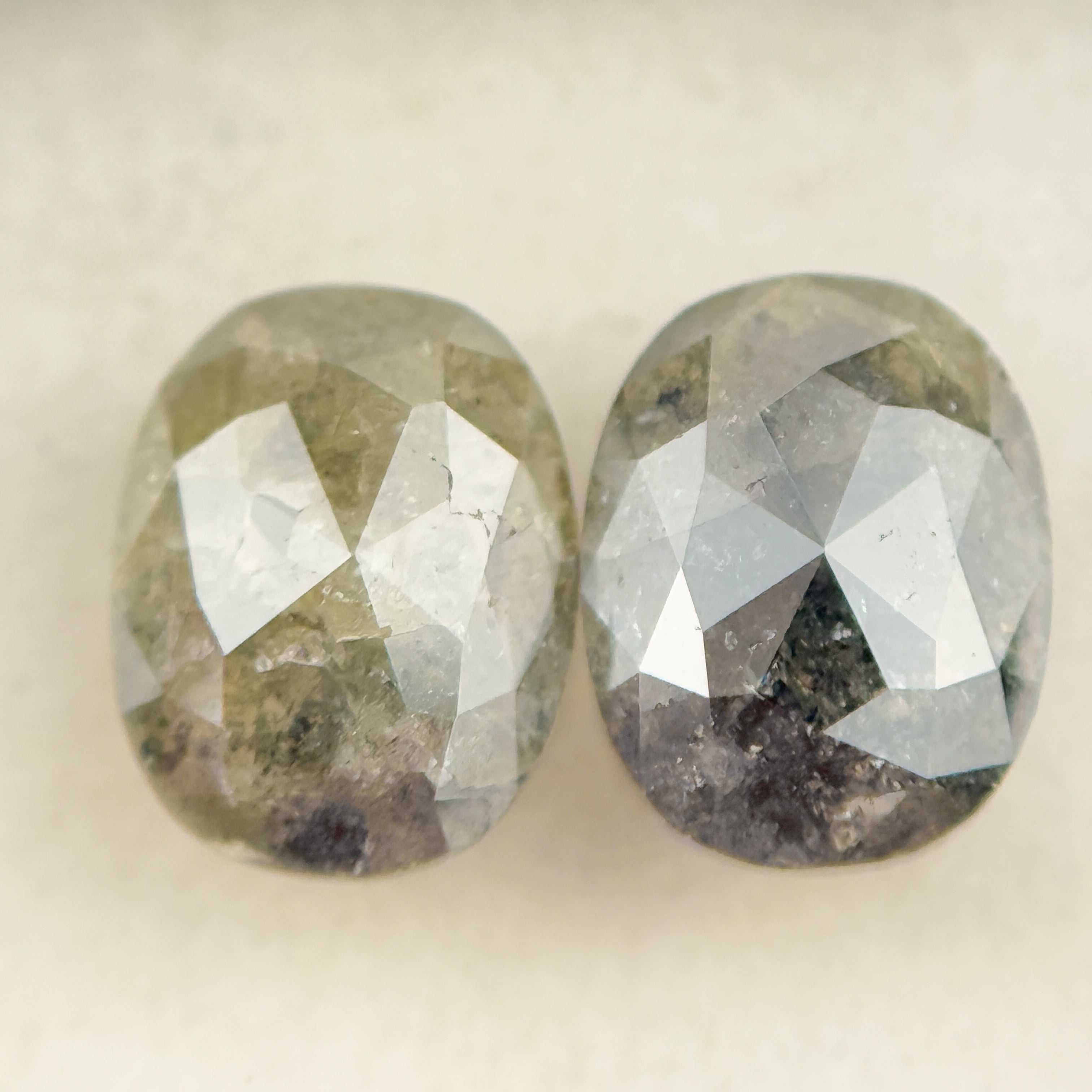 2.61 Ct Oval Rose Cut Greenish Grey Natural Salt and Pepper Diamond Pair