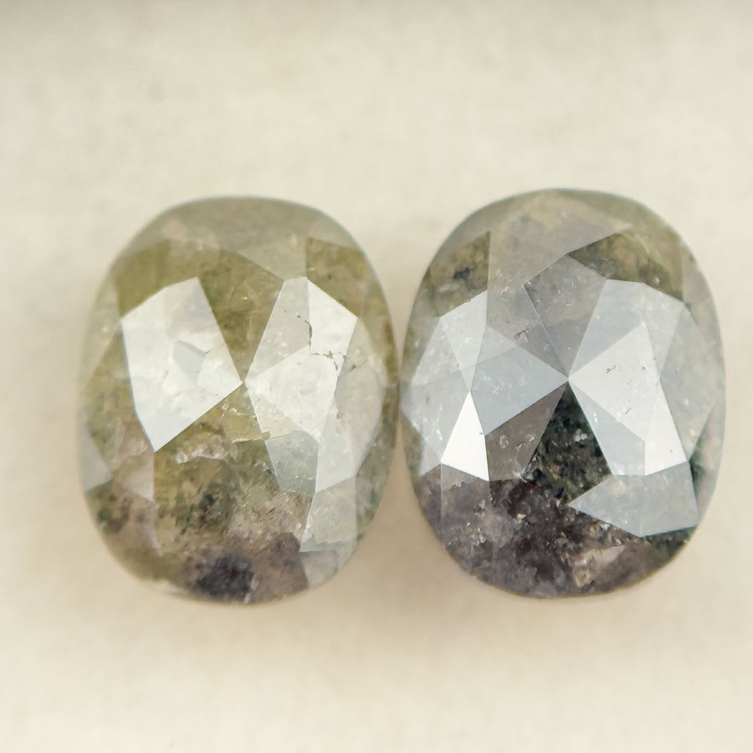 2.61 Ct Oval Rose Cut Greenish Grey Natural Salt and Pepper Diamond Pair