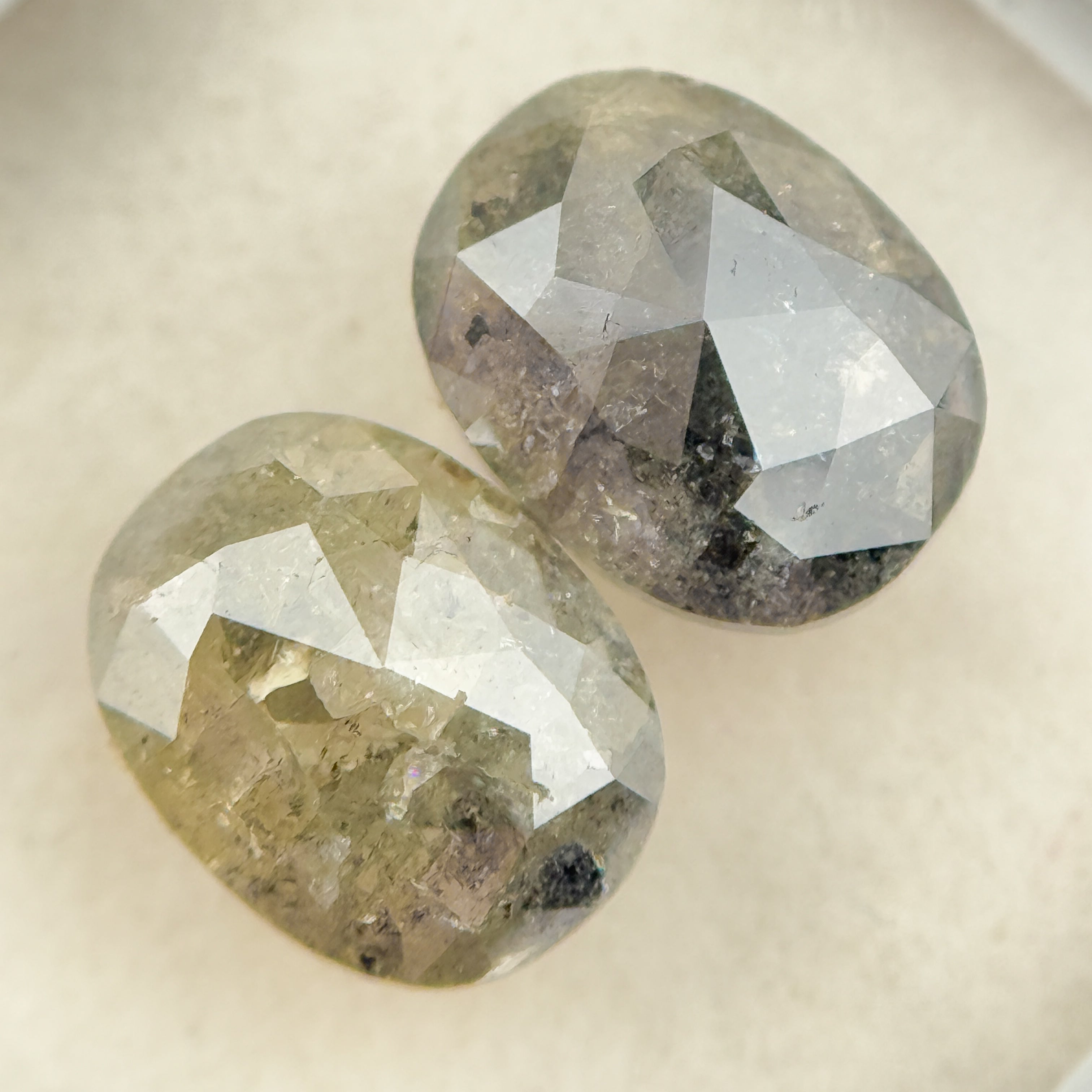 2.61 Ct Oval Rose Cut Greenish Grey Natural Salt and Pepper Diamond Pair