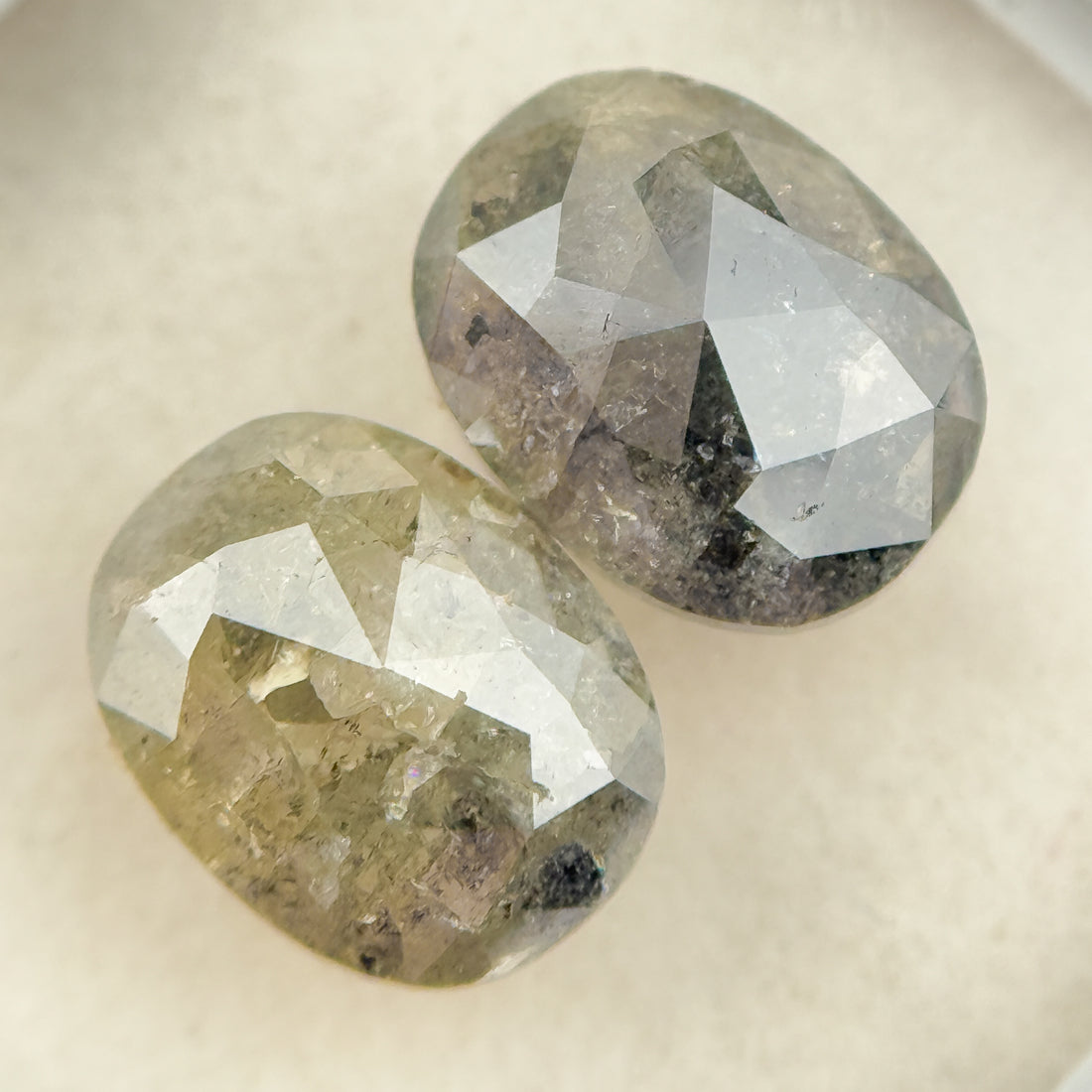 2.61 Ct Oval Rose Cut Greenish Grey Natural Salt and Pepper Diamond Pair