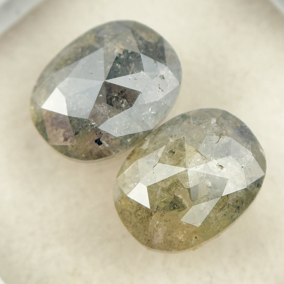 2.61 Ct Oval Rose Cut Greenish Grey Natural Salt and Pepper Diamond Pair