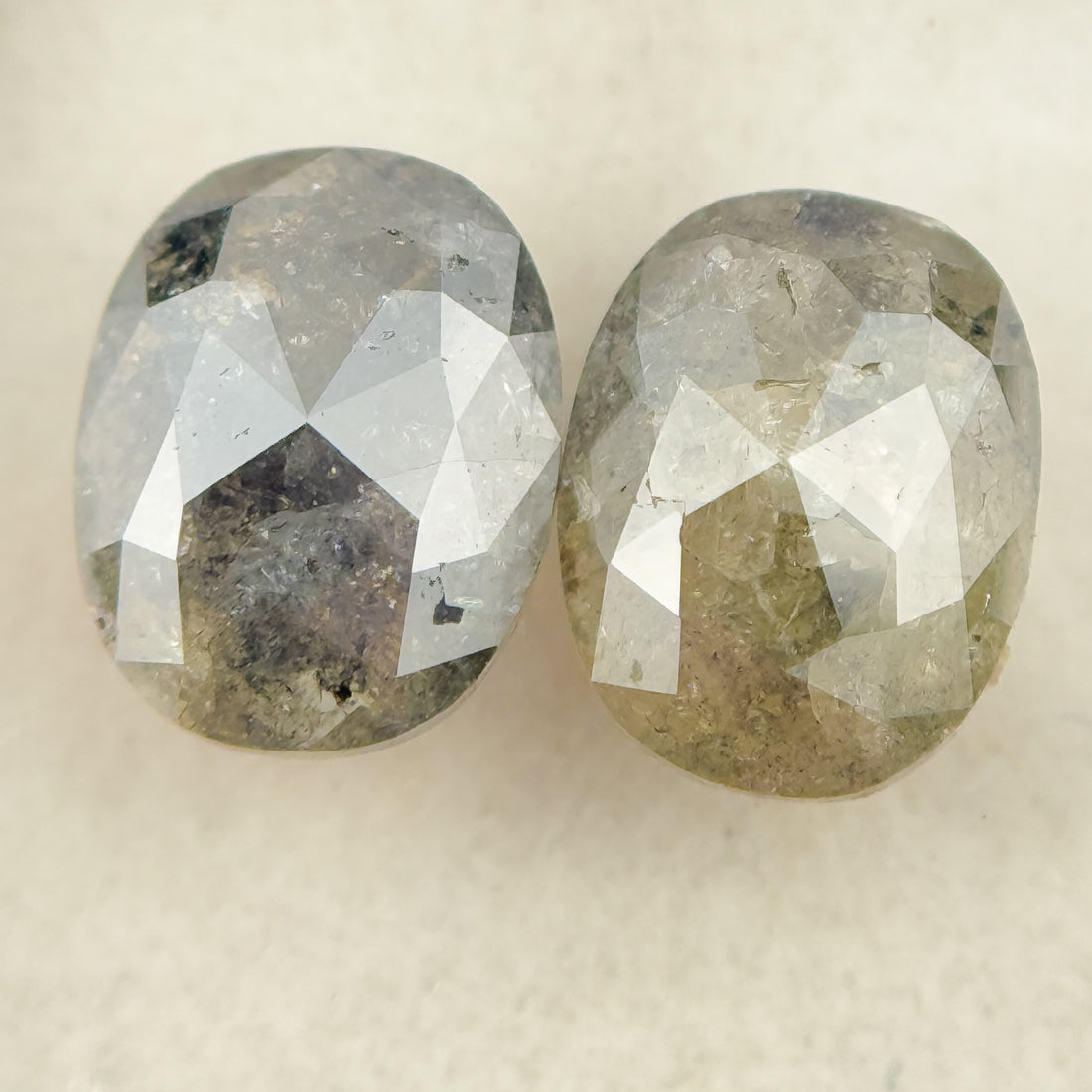 2.61 Ct Oval Rose Cut Greenish Grey Natural Salt and Pepper Diamond Pair