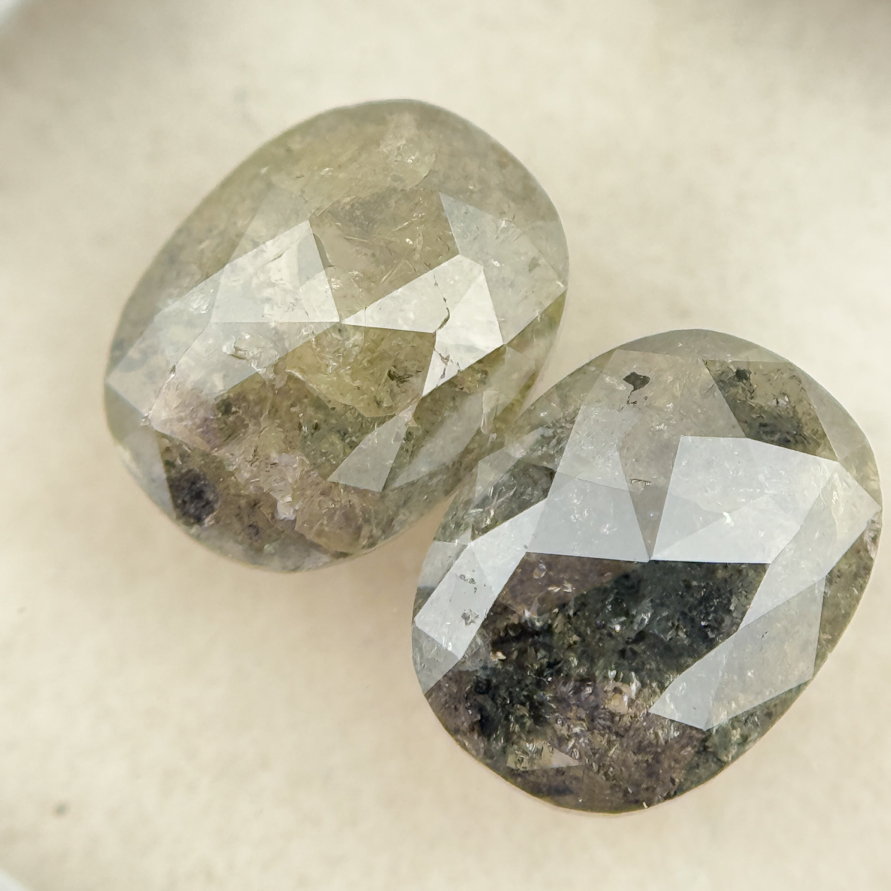 2.61 Ct Oval Rose Cut Greenish Grey Natural Salt and Pepper Diamond Pair