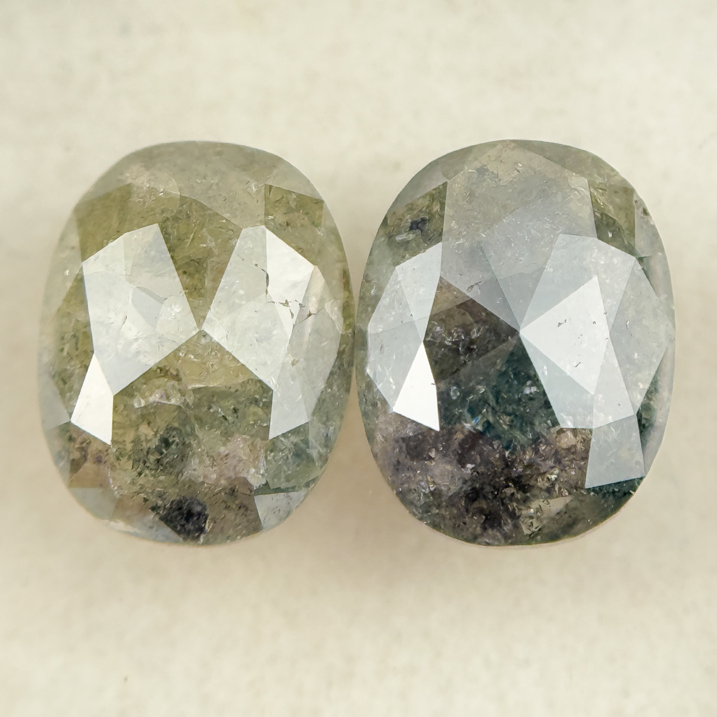 2.61 Ct Oval Rose Cut Greenish Grey Natural Salt and Pepper Diamond Pair