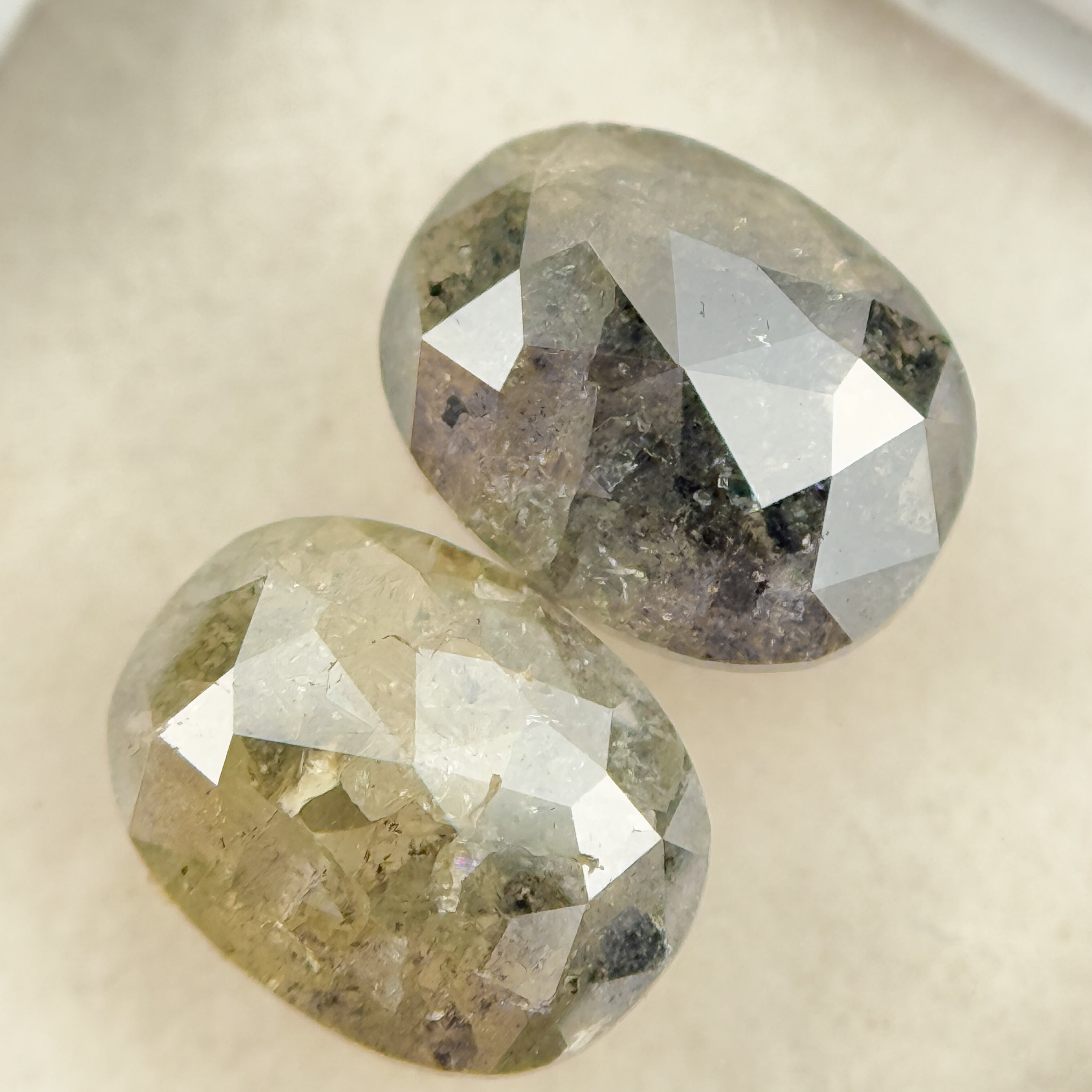 2.61 Ct Oval Rose Cut Greenish Grey Natural Salt and Pepper Diamond Pair