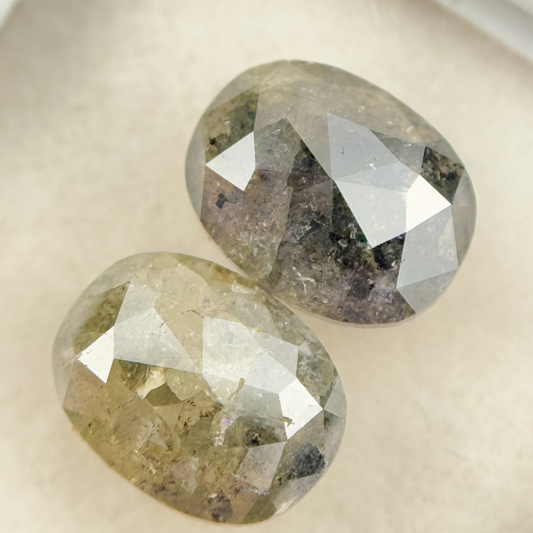 2.61 Ct Oval Rose Cut Greenish Grey Natural Salt and Pepper Diamond Pair