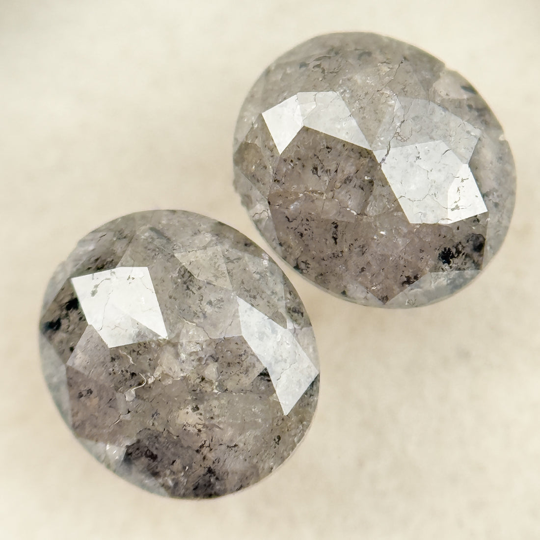 1.71 Ct Oval Rose Cut Grey Natural Salt and Pepper Diamond Pair