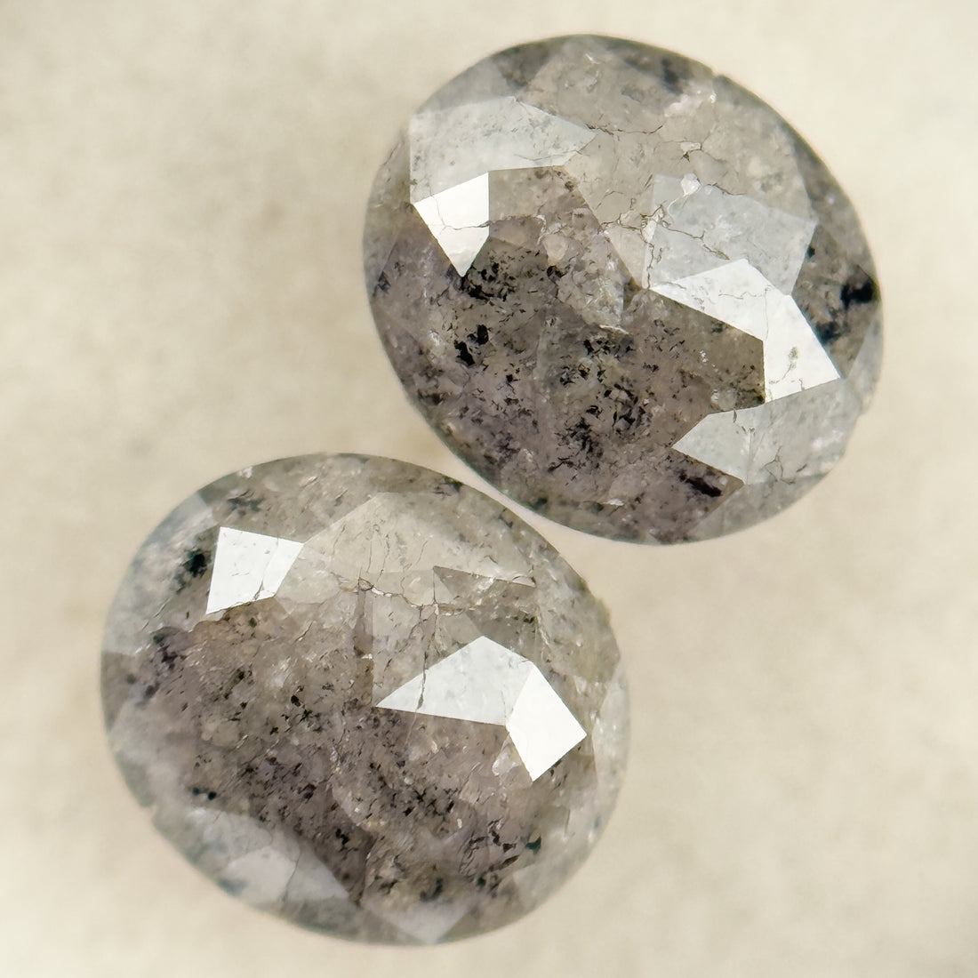 1.71 Ct Oval Rose Cut Grey Natural Salt and Pepper Diamond Pair