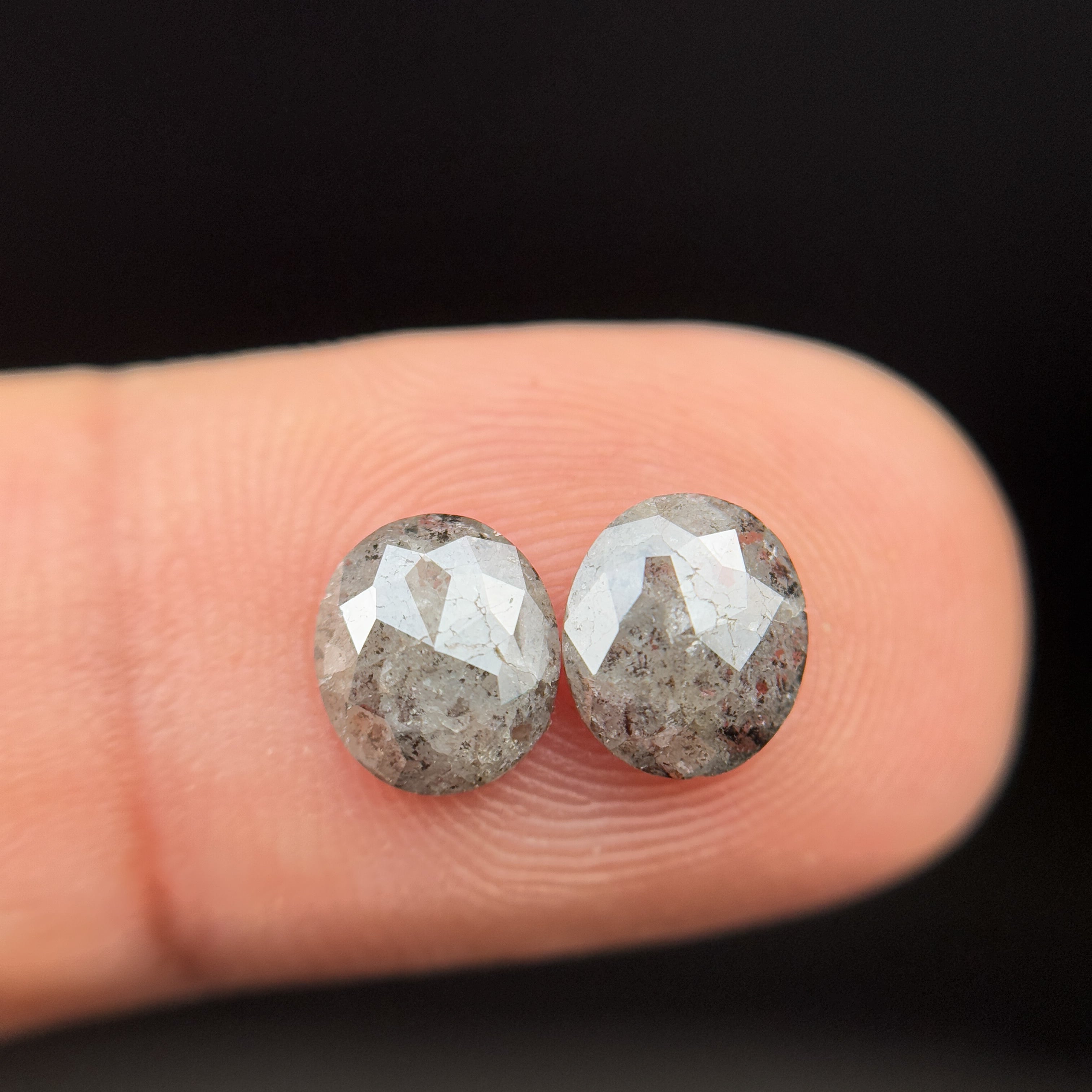1.71 Ct Oval Rose Cut Grey Natural Salt and Pepper Diamond Pair