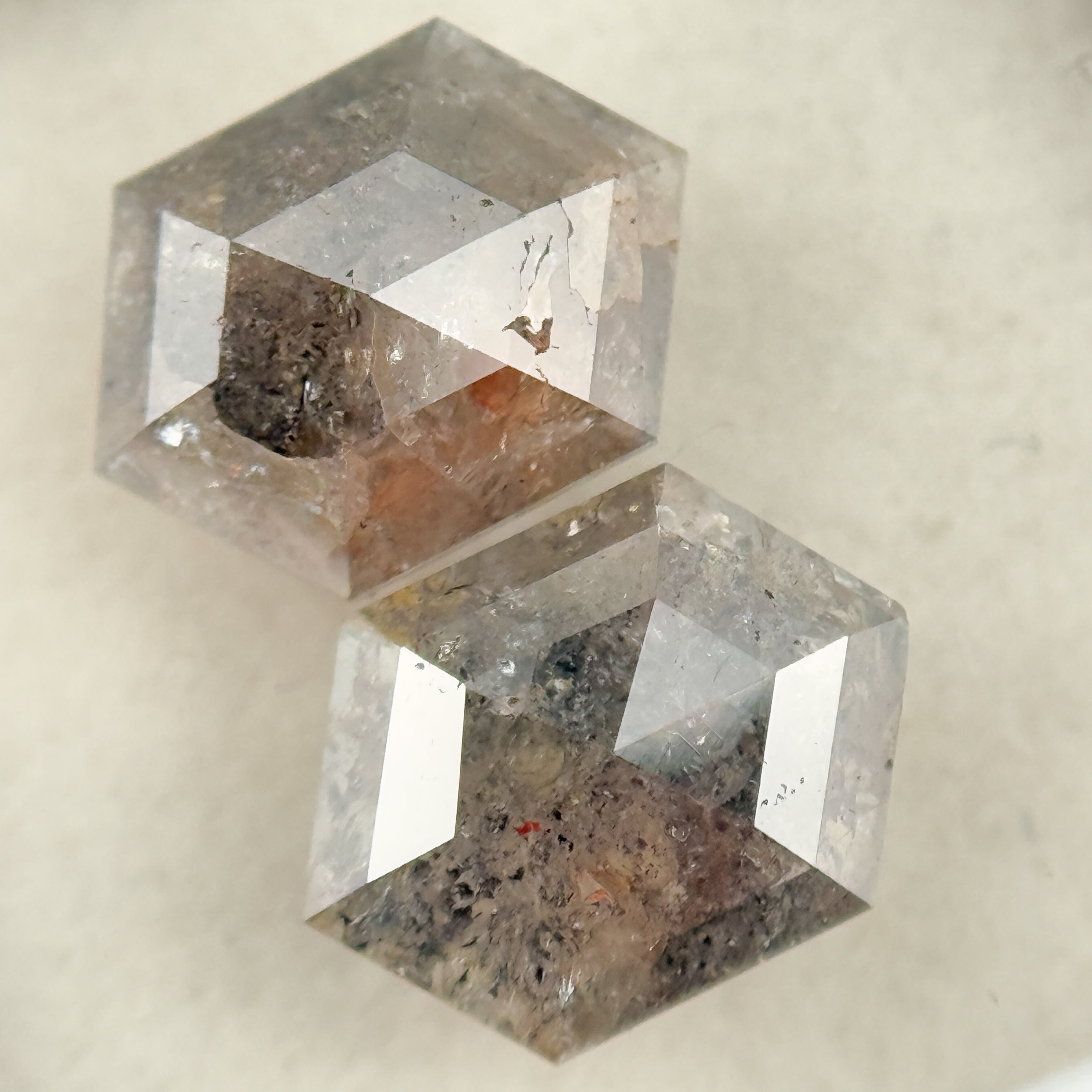 3.06 Ct Hexagon Rose Cut Grey Natural Salt and Pepper Diamond Pair