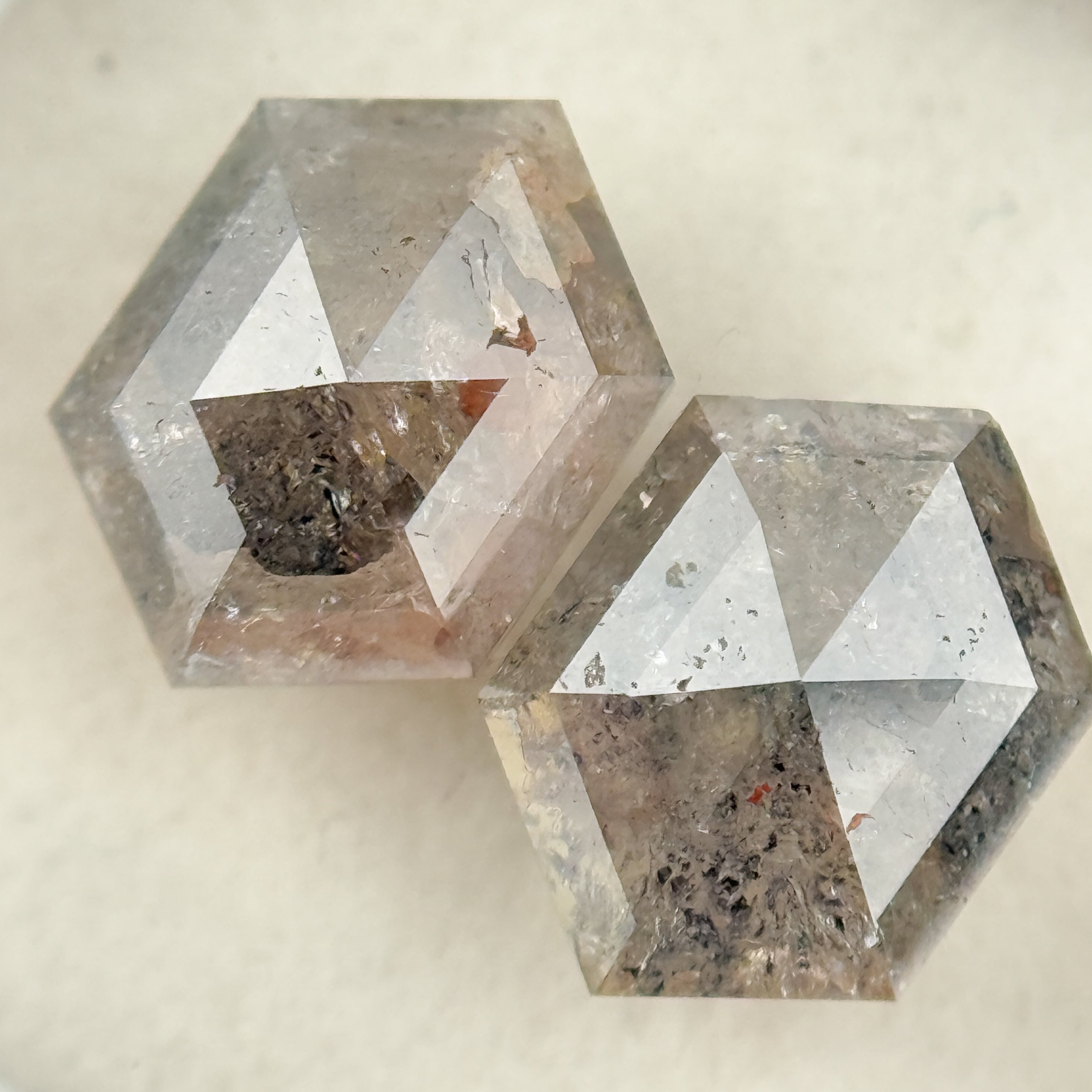 3.06 Ct Hexagon Rose Cut Grey Natural Salt and Pepper Diamond Pair