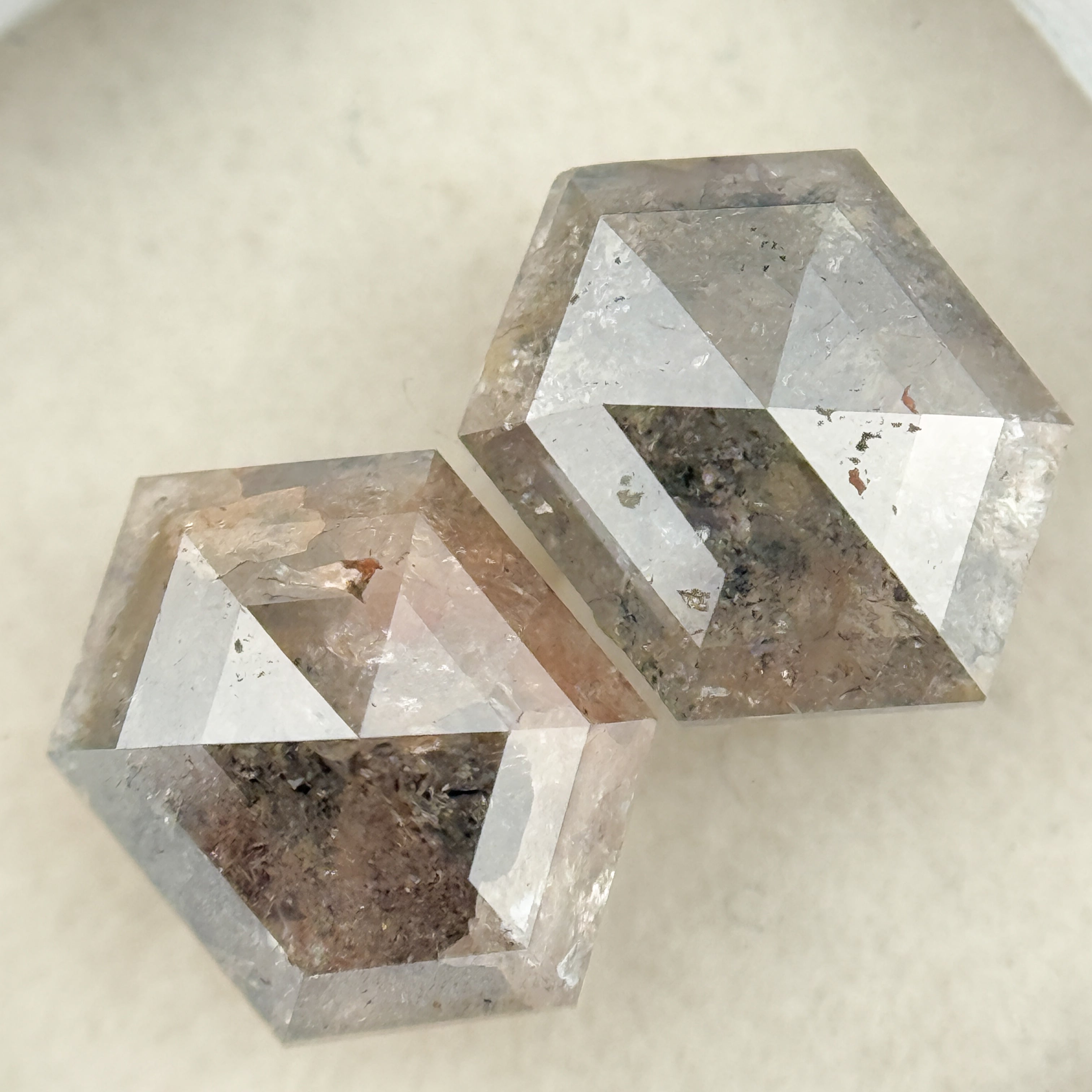 3.06 Ct Hexagon Rose Cut Grey Natural Salt and Pepper Diamond Pair