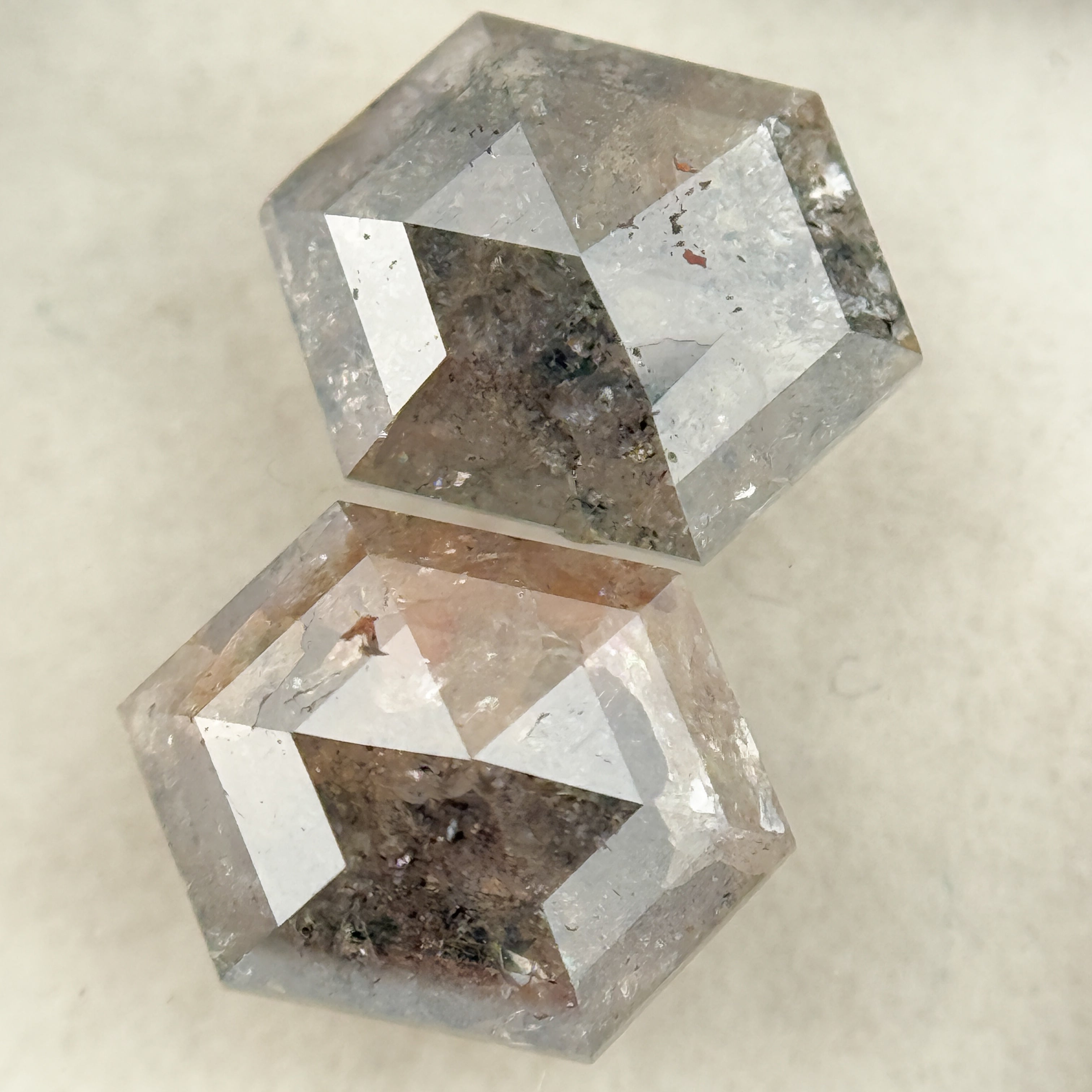 3.06 Ct Hexagon Rose Cut Grey Natural Salt and Pepper Diamond Pair