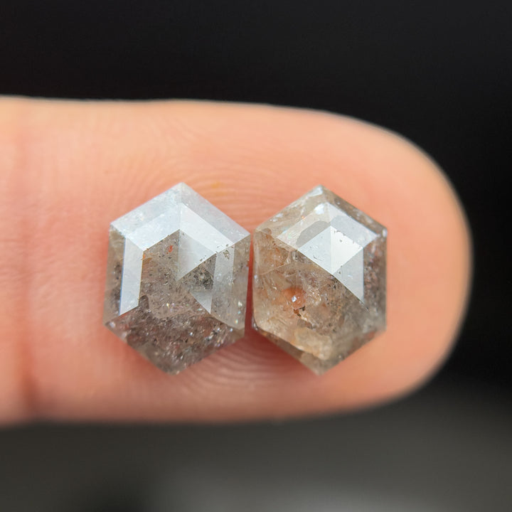 3.06 Ct Hexagon Rose Cut Grey Natural Salt and Pepper Diamond Pair