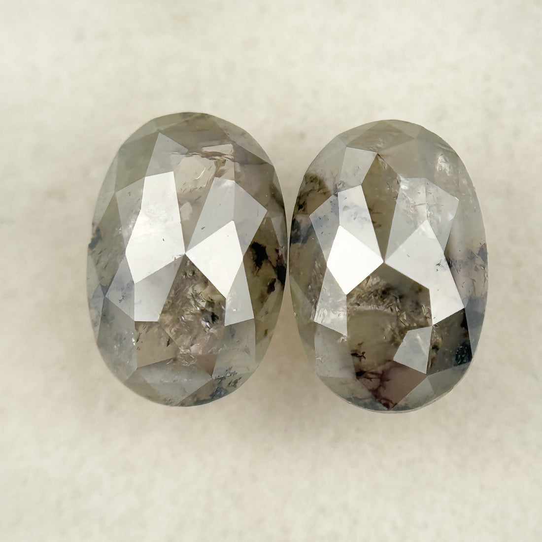 1.72 Ct Oval Rose Cut Grey Natural Salt and Pepper Diamond pair
