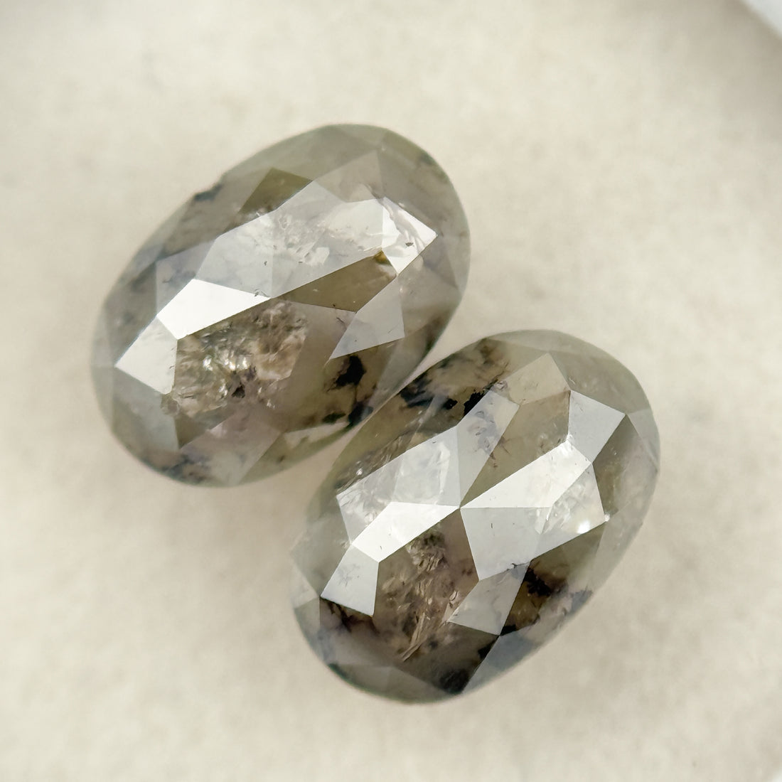 1.72 Ct Oval Rose Cut Grey Natural Salt and Pepper Diamond pair