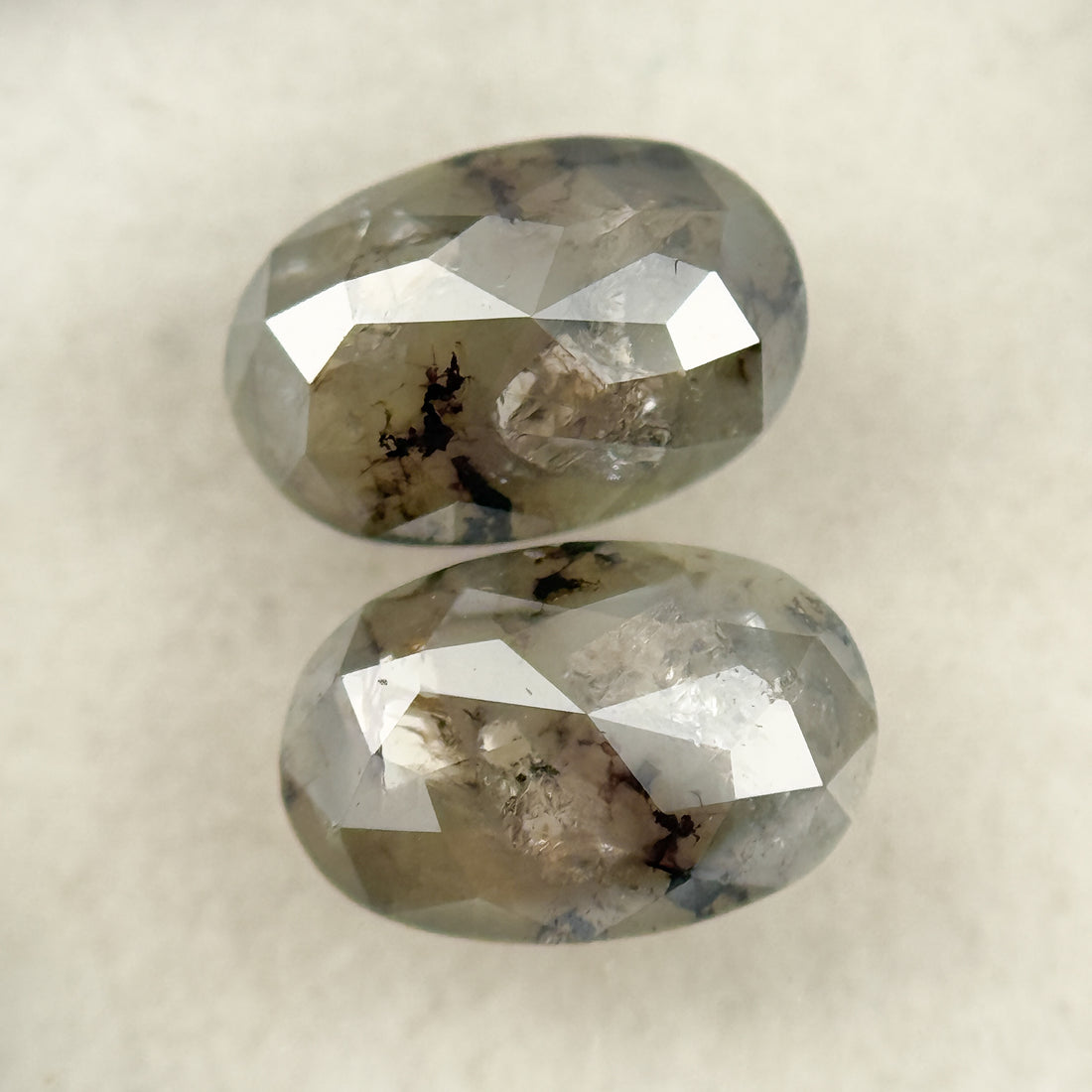 1.72 Ct Oval Rose Cut Grey Natural Salt and Pepper Diamond pair
