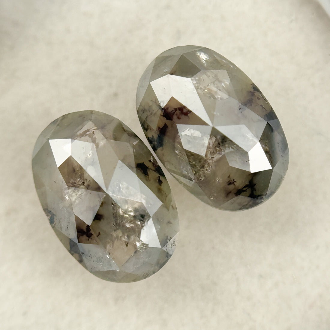 1.72 Ct Oval Rose Cut Grey Natural Salt and Pepper Diamond pair