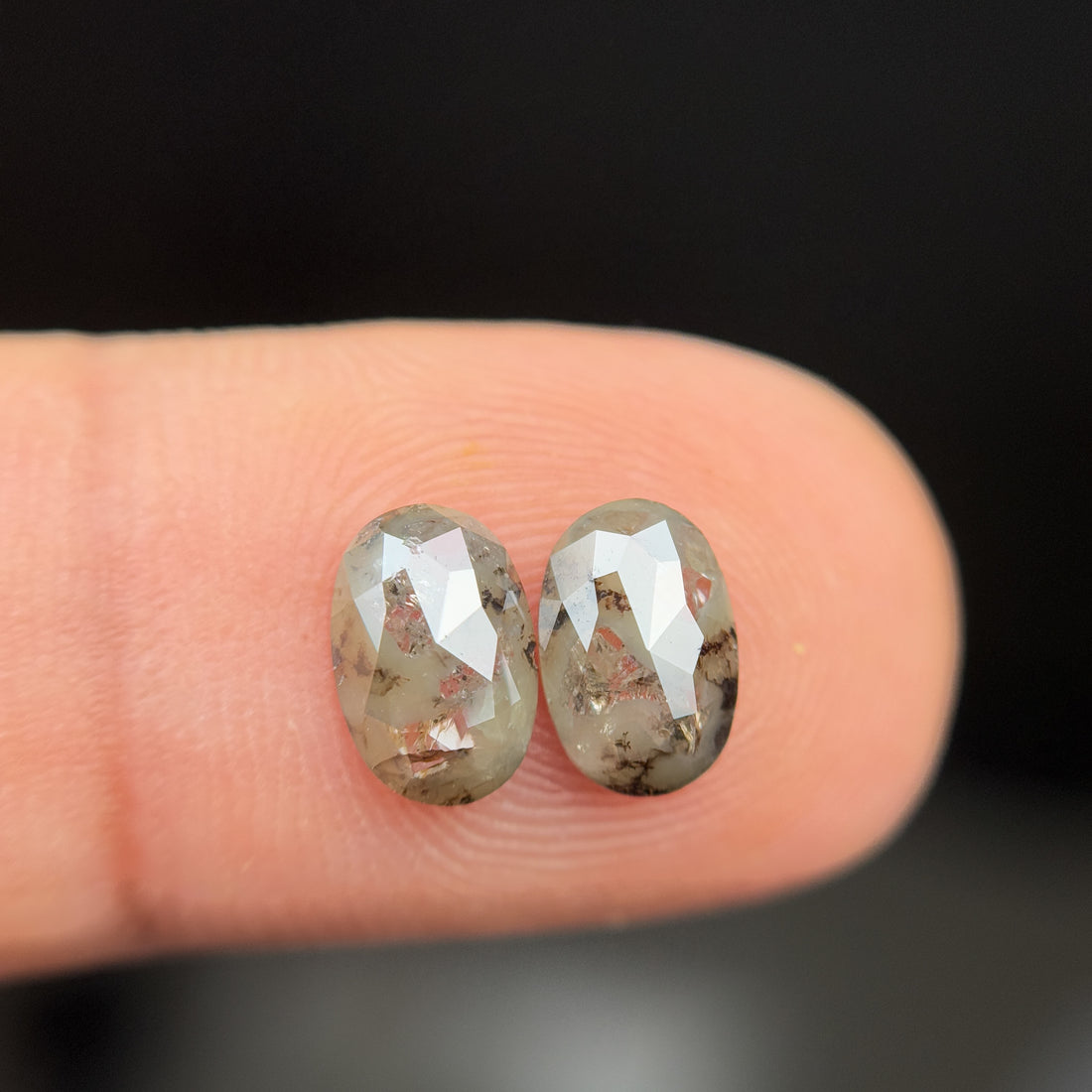 1.72 Ct Oval Rose Cut Grey Natural Salt and Pepper Diamond pair