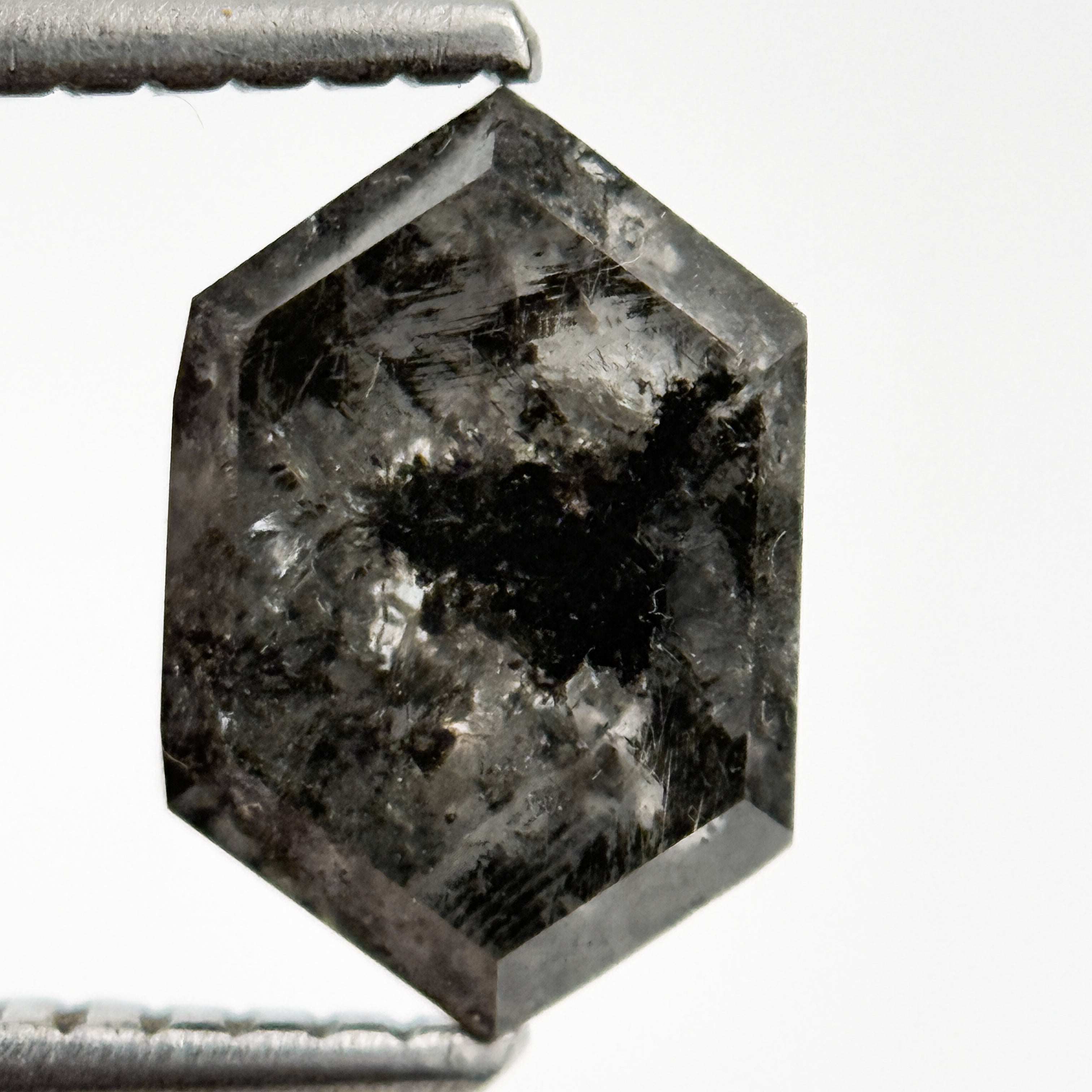 1.72 Ct Hexagon Rose Cut Black Natural Salt and Pepper Diamond