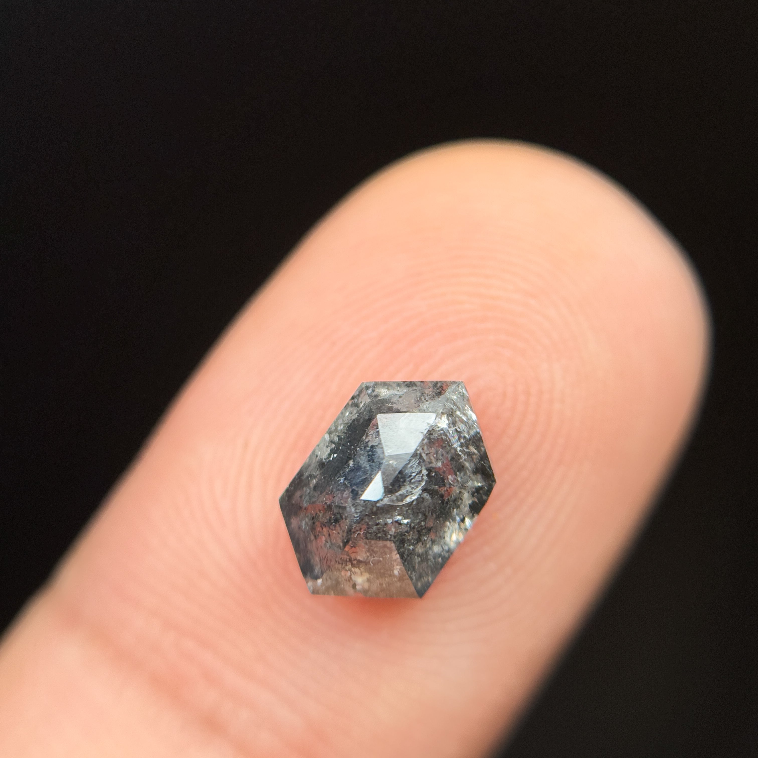 1.72 Ct Hexagon Rose Cut Black Natural Salt and Pepper Diamond