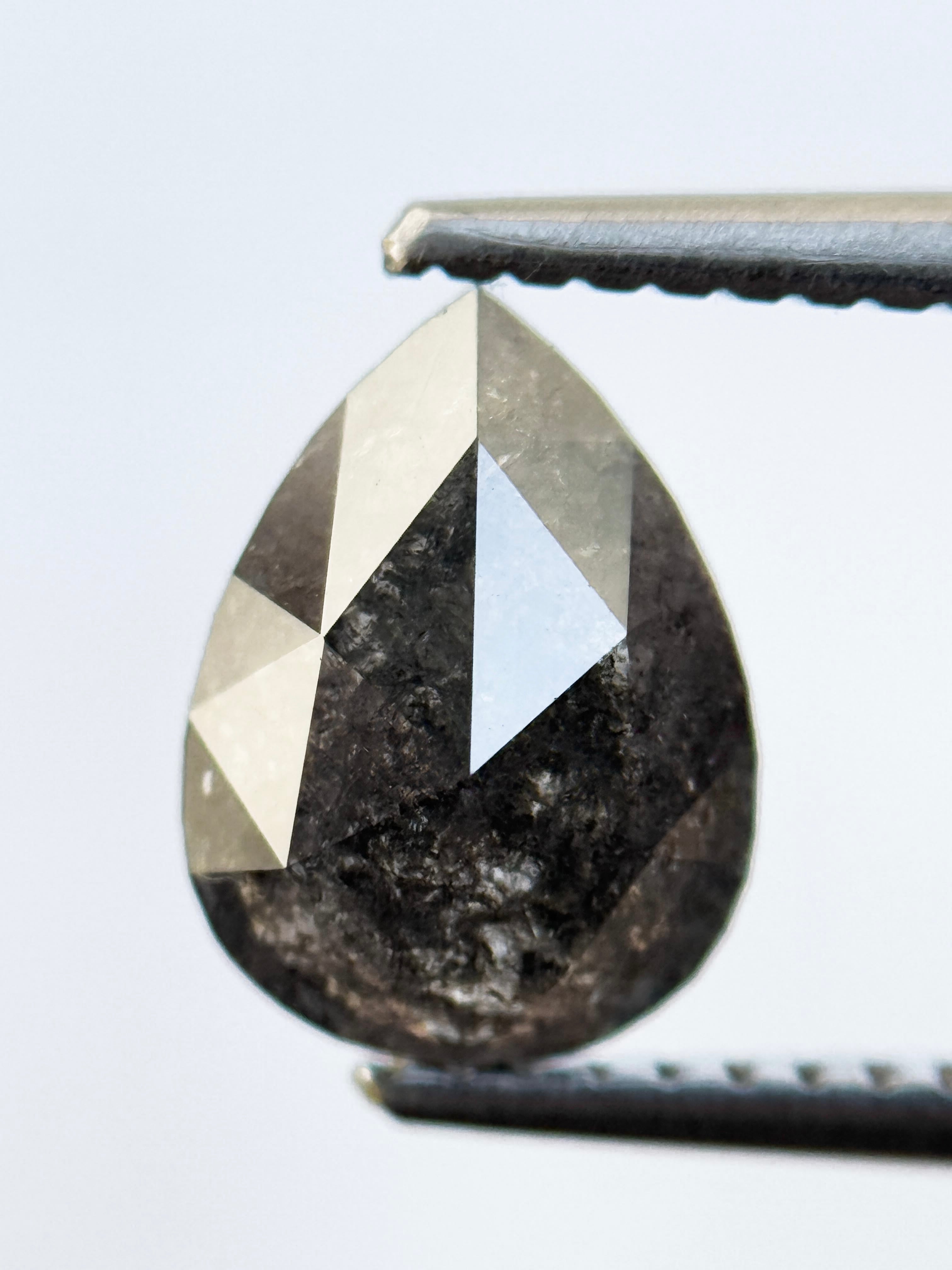1.37 Ct Pear Rose Cut Black Natural Salt and Pepper Diamond