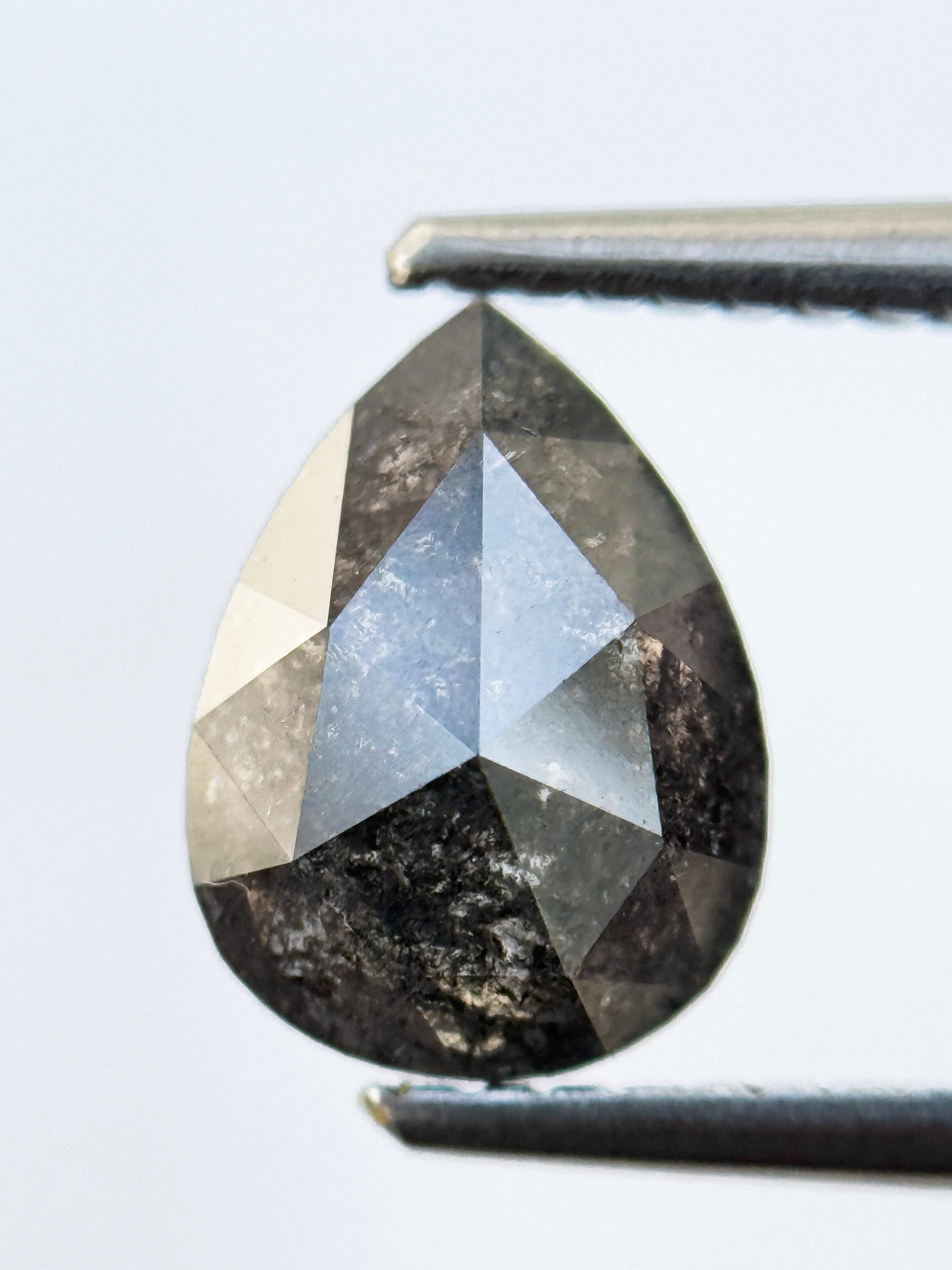1.37 Ct Pear Rose Cut Black Natural Salt and Pepper Diamond