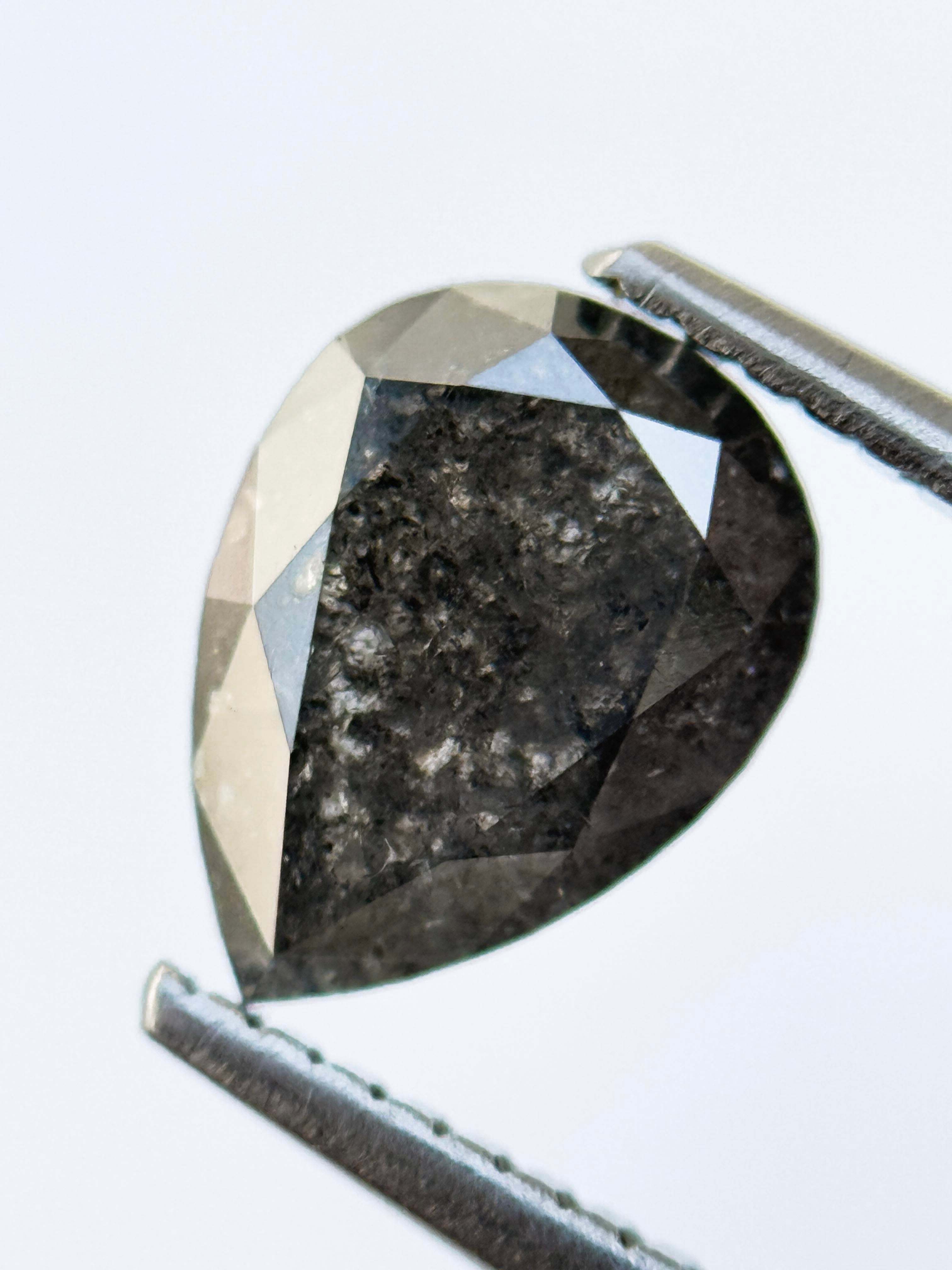 1.37 Ct Pear Rose Cut Black Natural Salt and Pepper Diamond