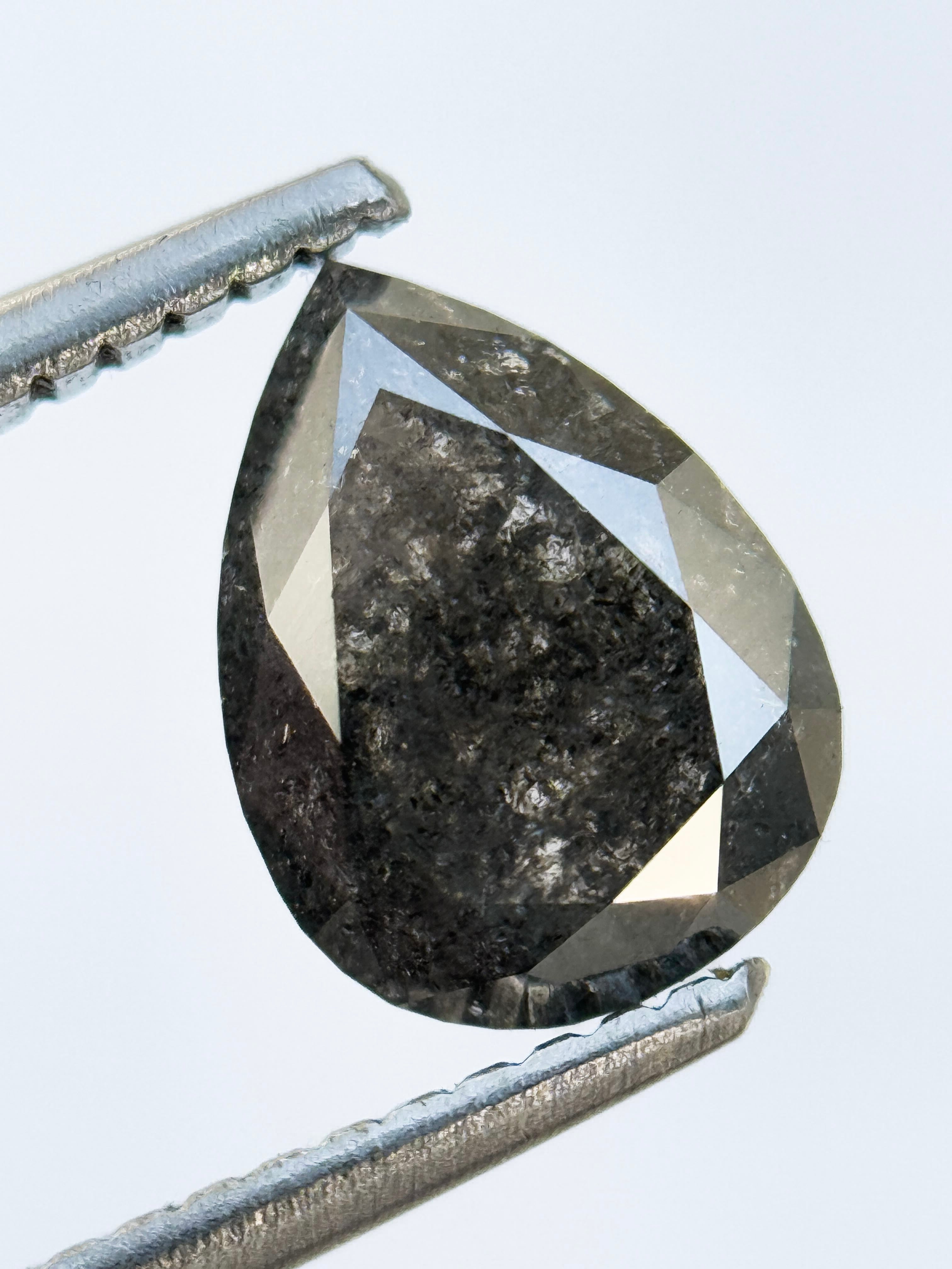 1.37 Ct Pear Rose Cut Black Natural Salt and Pepper Diamond