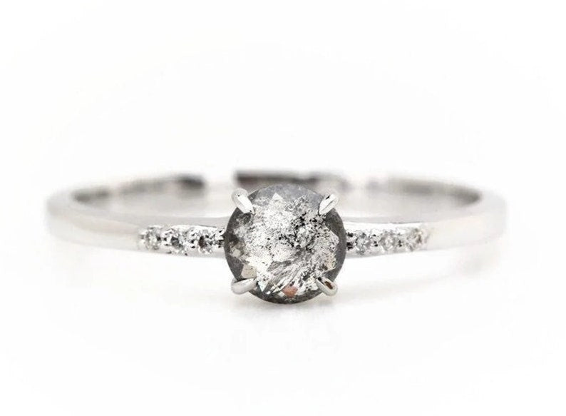 14K Rose Gold round rose cut salt and pepper diamond engagement ring
