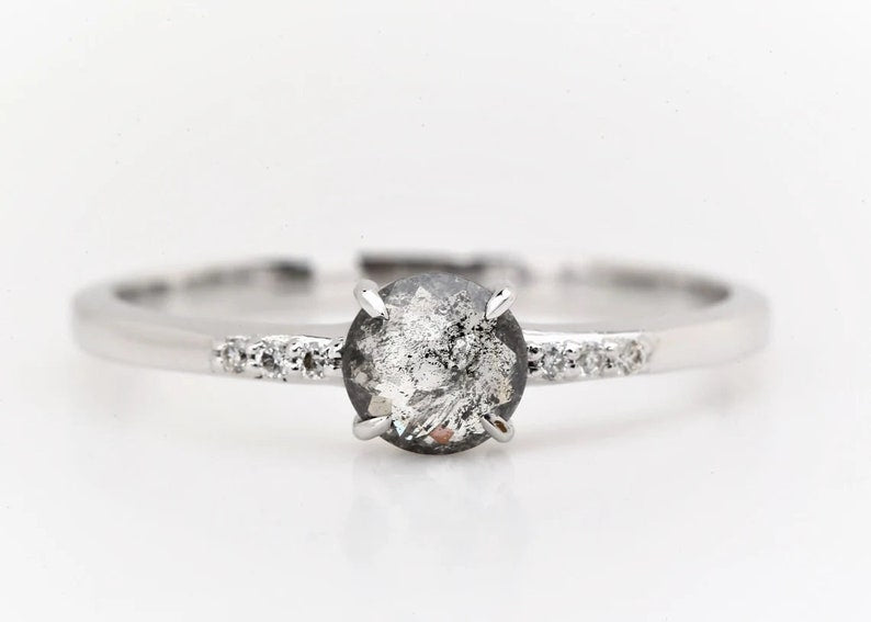 14K Rose Gold round rose cut salt and pepper diamond engagement ring