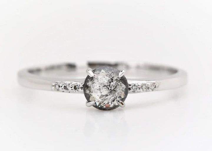 14K Rose Gold round rose cut salt and pepper diamond engagement ring