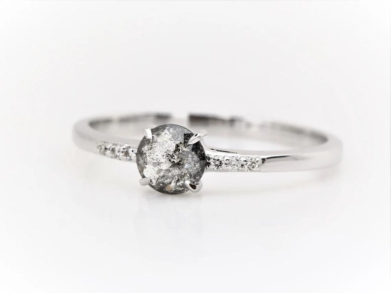 14K Rose Gold round rose cut salt and pepper diamond engagement ring