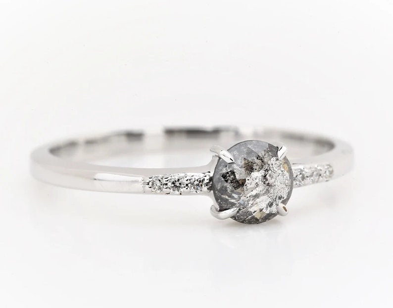 14K Rose Gold round rose cut salt and pepper diamond engagement ring