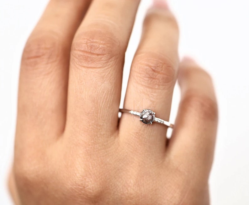 14K Rose Gold round rose cut salt and pepper diamond engagement ring