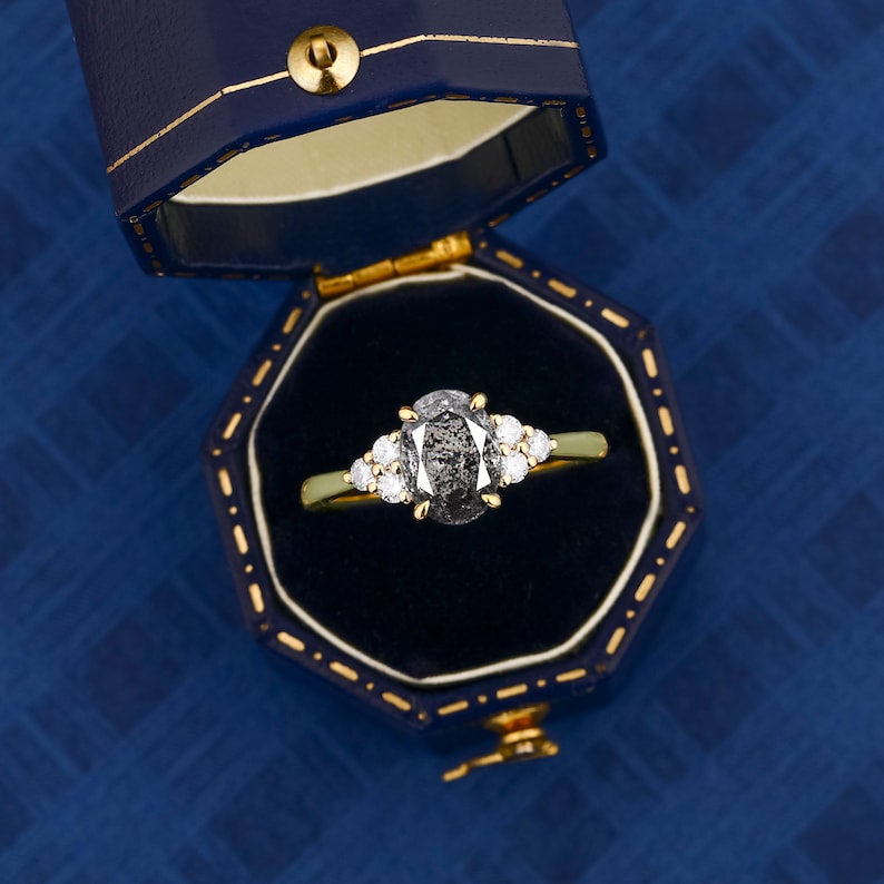 14K Rose Gold Classic Cluster Salt and Pepper Natural Diamond Engagement Ring