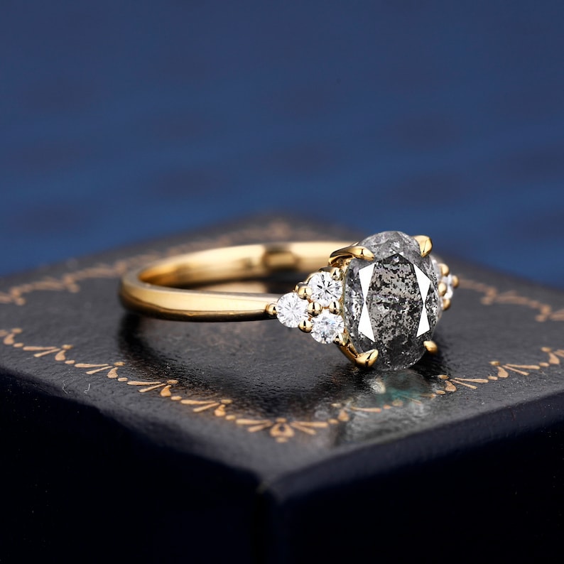 14K Rose Gold Classic Cluster Salt and Pepper Natural Diamond Engagement Ring