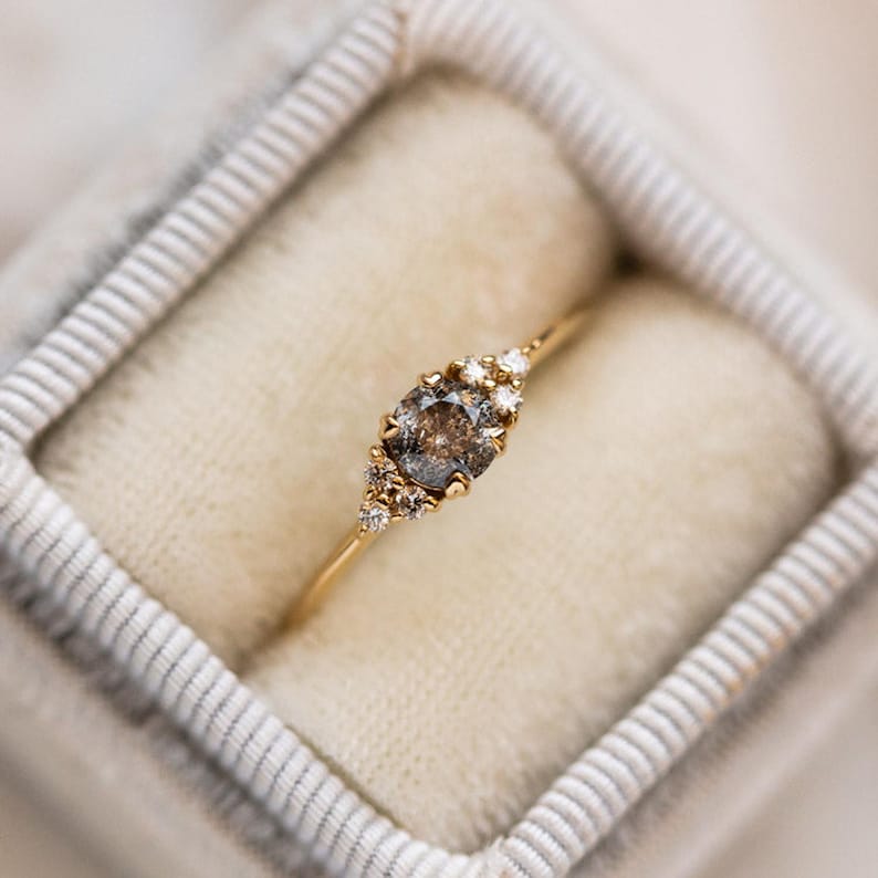 14K Gold cluster round cut salt and pepper diamond wedding ring