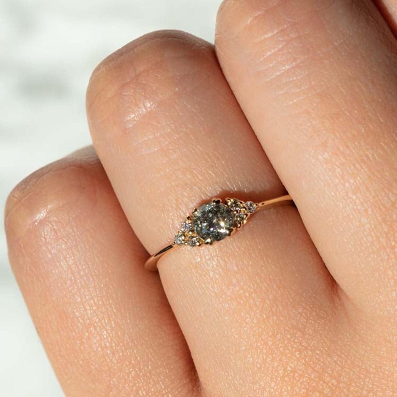 14K Gold cluster round cut salt and pepper diamond wedding ring
