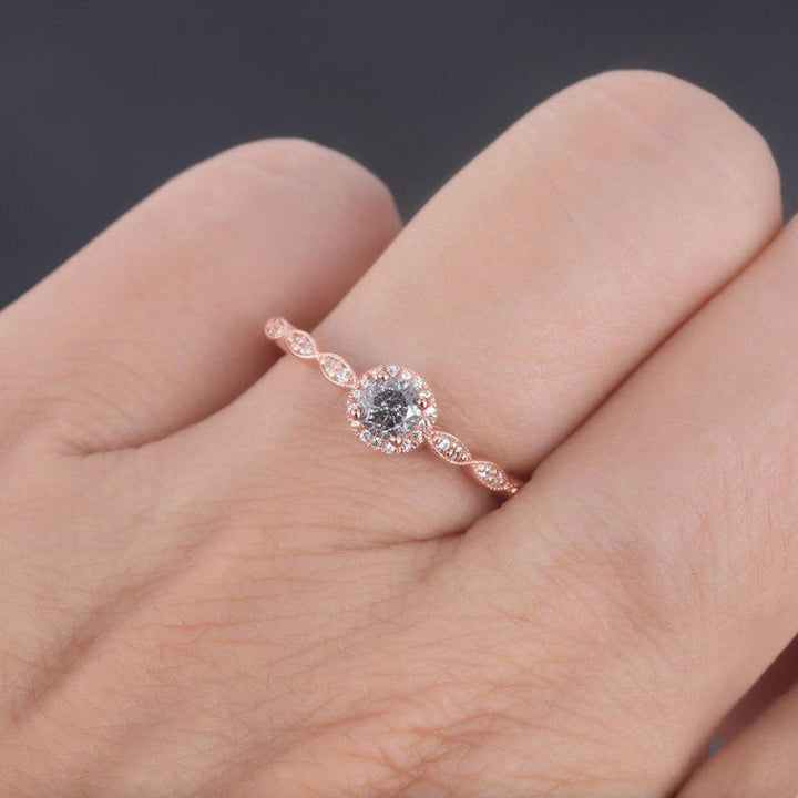 14K Rose Gold Natural Diamond Salt And Pepper Grey Diamond Unique Round-Cut Promise Ring