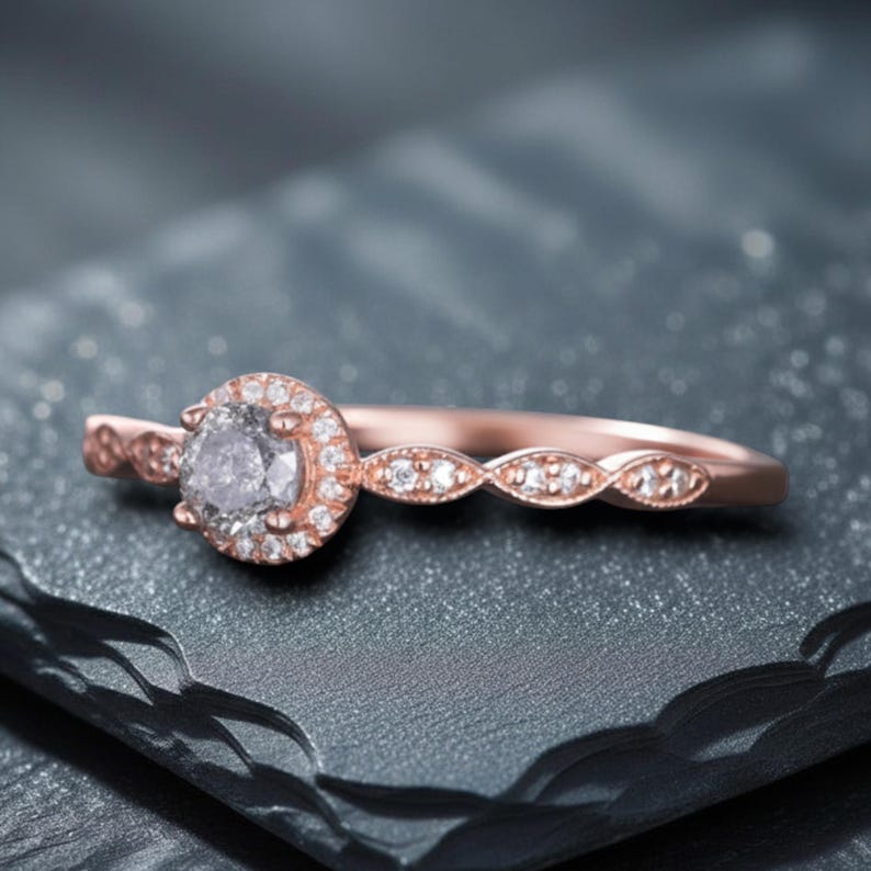 14K Rose Gold Natural Diamond Salt And Pepper Grey Diamond Unique Round-Cut Promise Ring