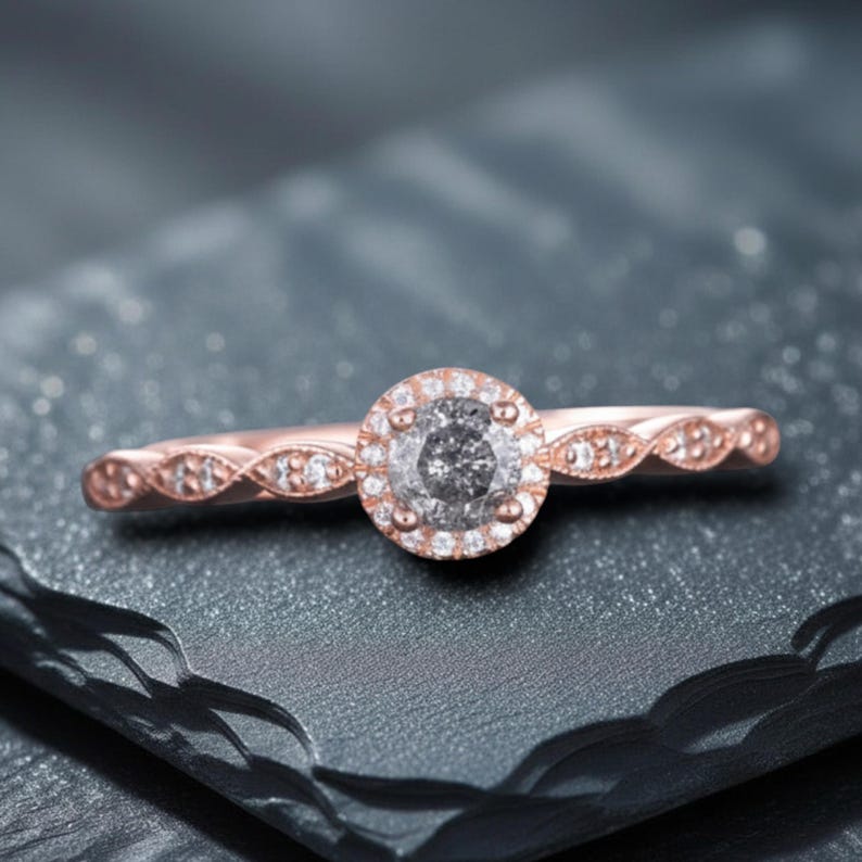 14K Rose Gold Natural Diamond Salt And Pepper Grey Diamond Unique Round-Cut Promise Ring